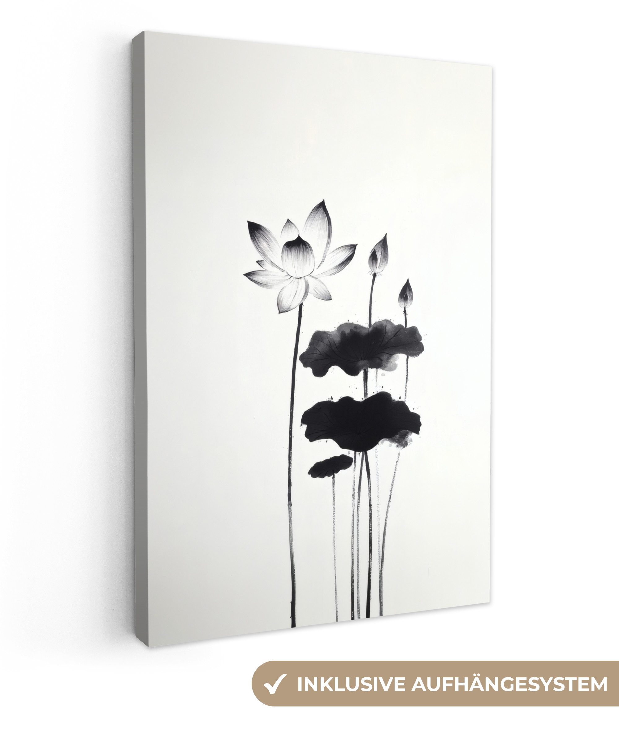 Leinwandbild Blätter - Schwarz - Lotusblume - Minimalistisch
