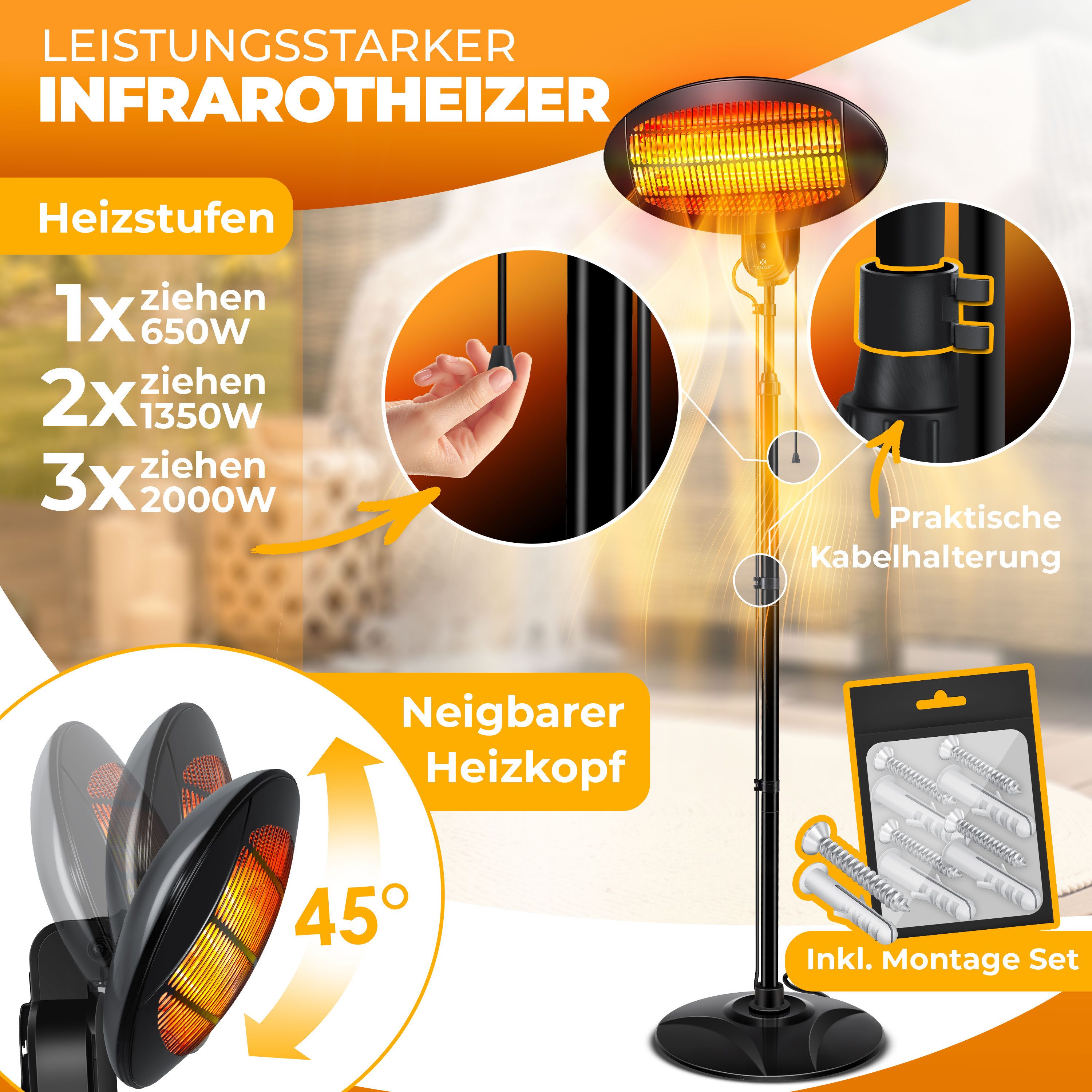 KESSER Heizstrahler Infrarot Heizung Wand + Standgerät höhenverstellbar In- & Outdoor, 2000 W, Wärmestrahler mit Kippschutz, IPX4-Spritzwasserschutz & 3 Heizstufen