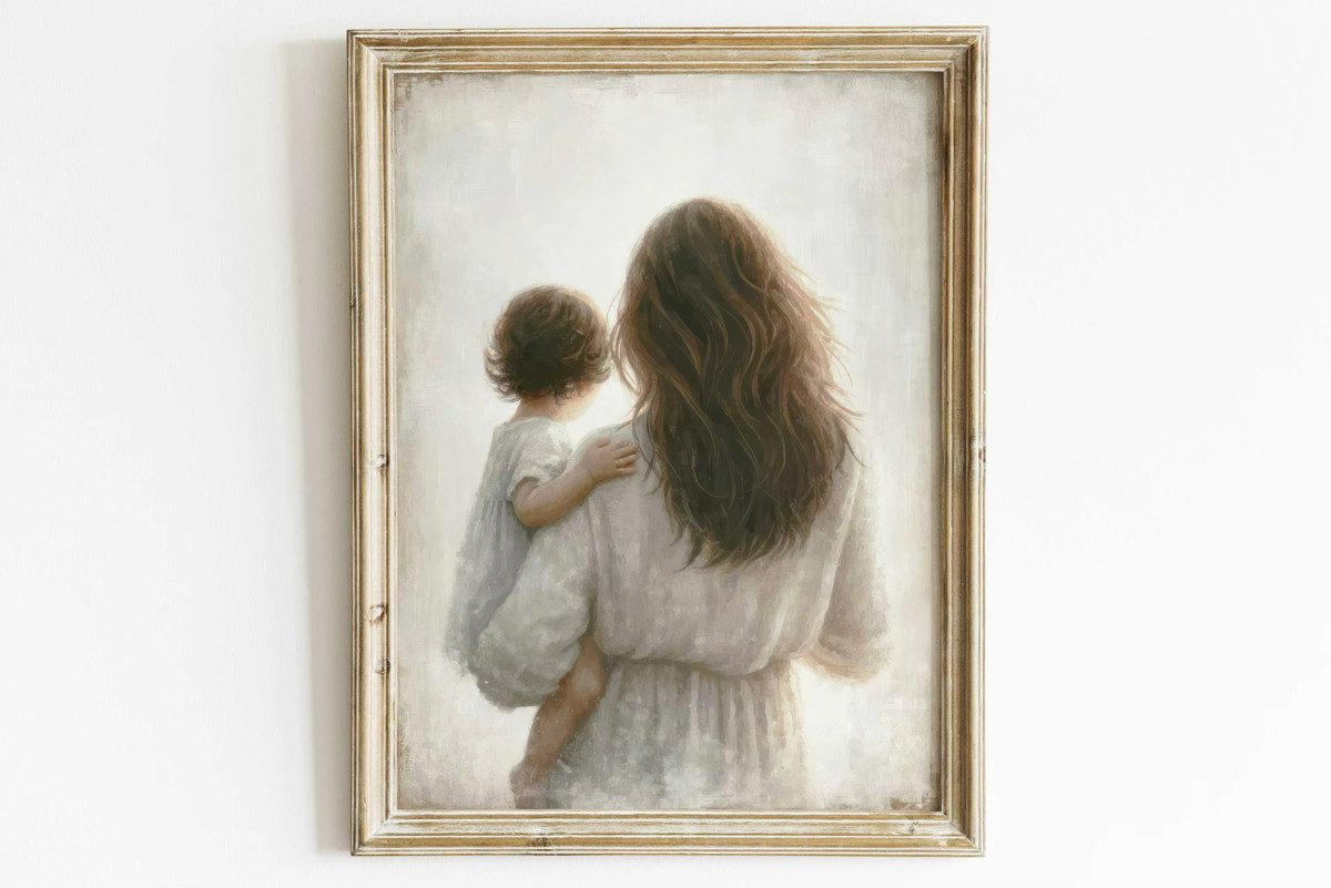 TPFLiving Kunstdruck (OHNE RAHMEN) Poster - Leinwand - Wandbild, Mutter und Kind Wandkunst Home Decor Leinwand Malerei (Leinwandbild XXL), Farben: Braun, Grau, Schwarz, Weiß, Blau, Gelb -Größe: 20x30cm