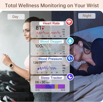 Colesma Smartwatch (1,59 Zoll, Android, iOS), Damen mit Telefonfunktion, Blutdruck Herzfrequenz SpO2 Sport-Modi