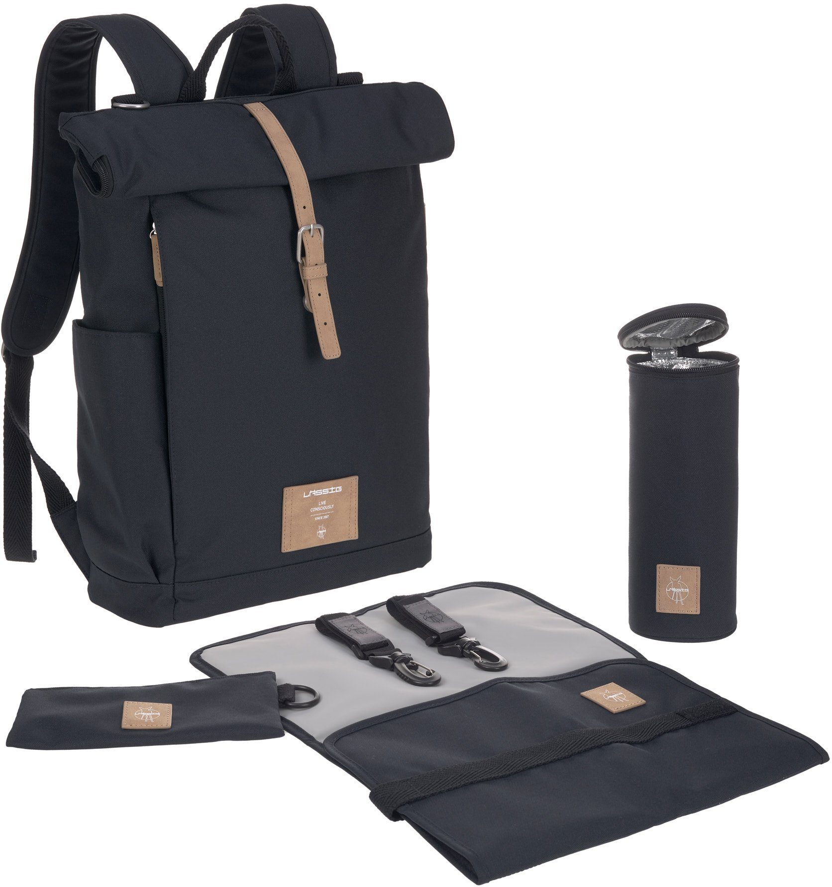 Label, vegan; Blue, night LÄSSIG aus Wickelrucksack zum recyceltem PETA-approved Green Teil Material Rolltop,