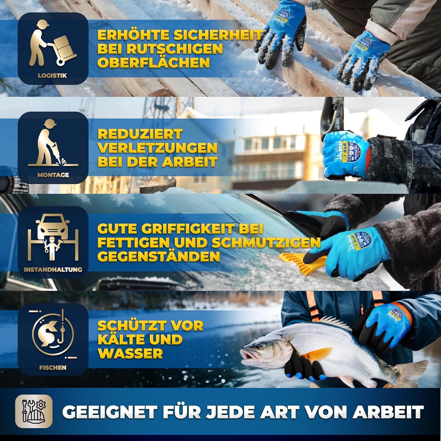 S&R Arbeitshandschuhe PROFI Wärme-Arbeitshandschuhe, 3/4 Anti-Rutsch Wasserdicht (Set, 4-St., 2 Paar L / 9) gefütterte wasserdichte Thermo-Schutzhandschuhe, Latex.Beschichtung