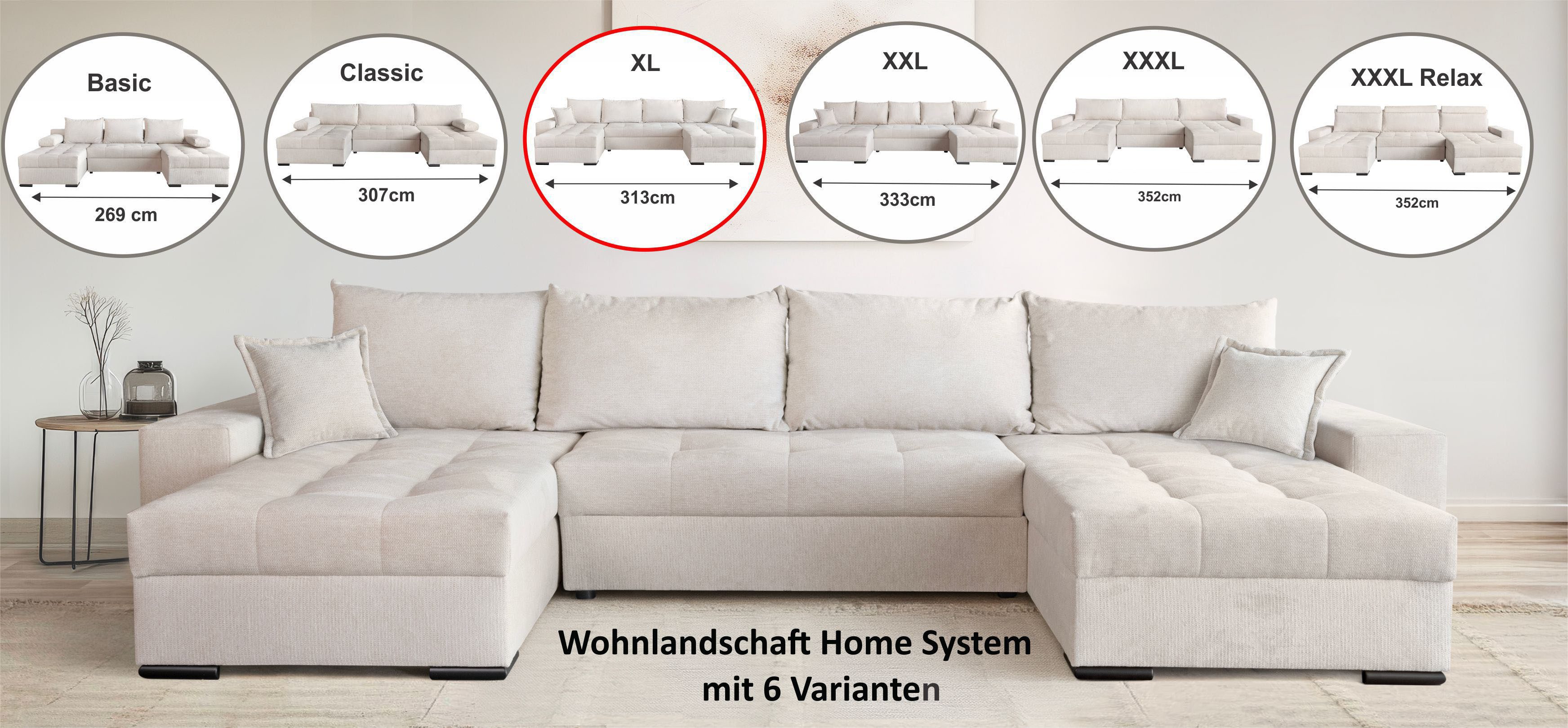 OTTO home Wohnlandschaft Home System U-Form, von B: 269-352 cm wählbar, 6 Varianten zur Auswahl, Bettfunktion, Bettkasten & Zierkissen, Federkern