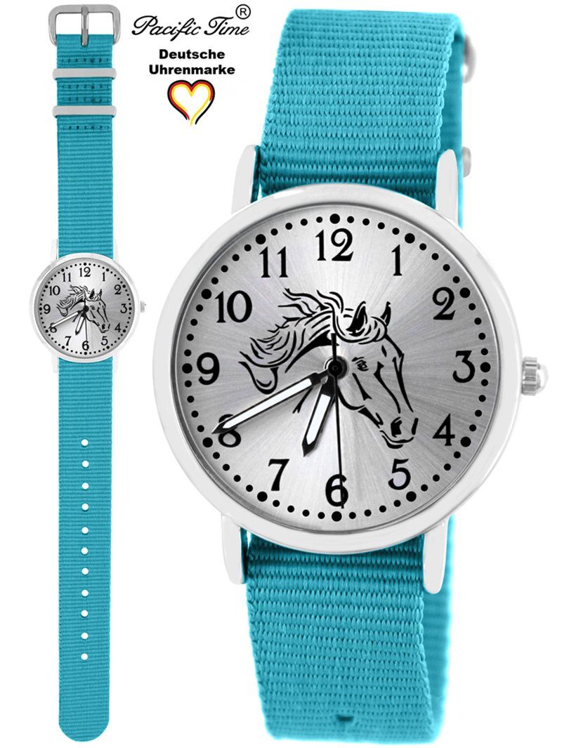 Pacific Time Quarzuhr Kinder Armbanduhr Gratis Wechselarmband, - und Mix Pferd hellblau Versand schwarz Design Match
