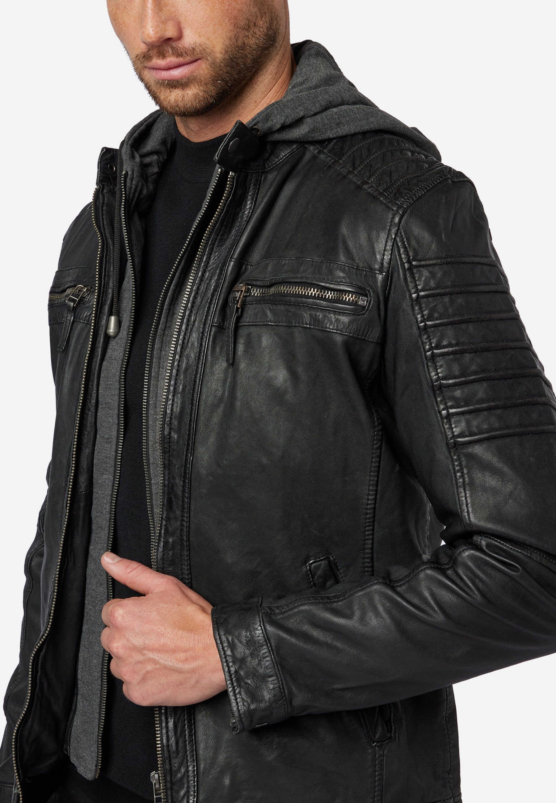 Hood abtrennbare 12815 hochwertiges Kordelzug, schwarz Lederjacke Leder mit Kapuze RICANO Lamm