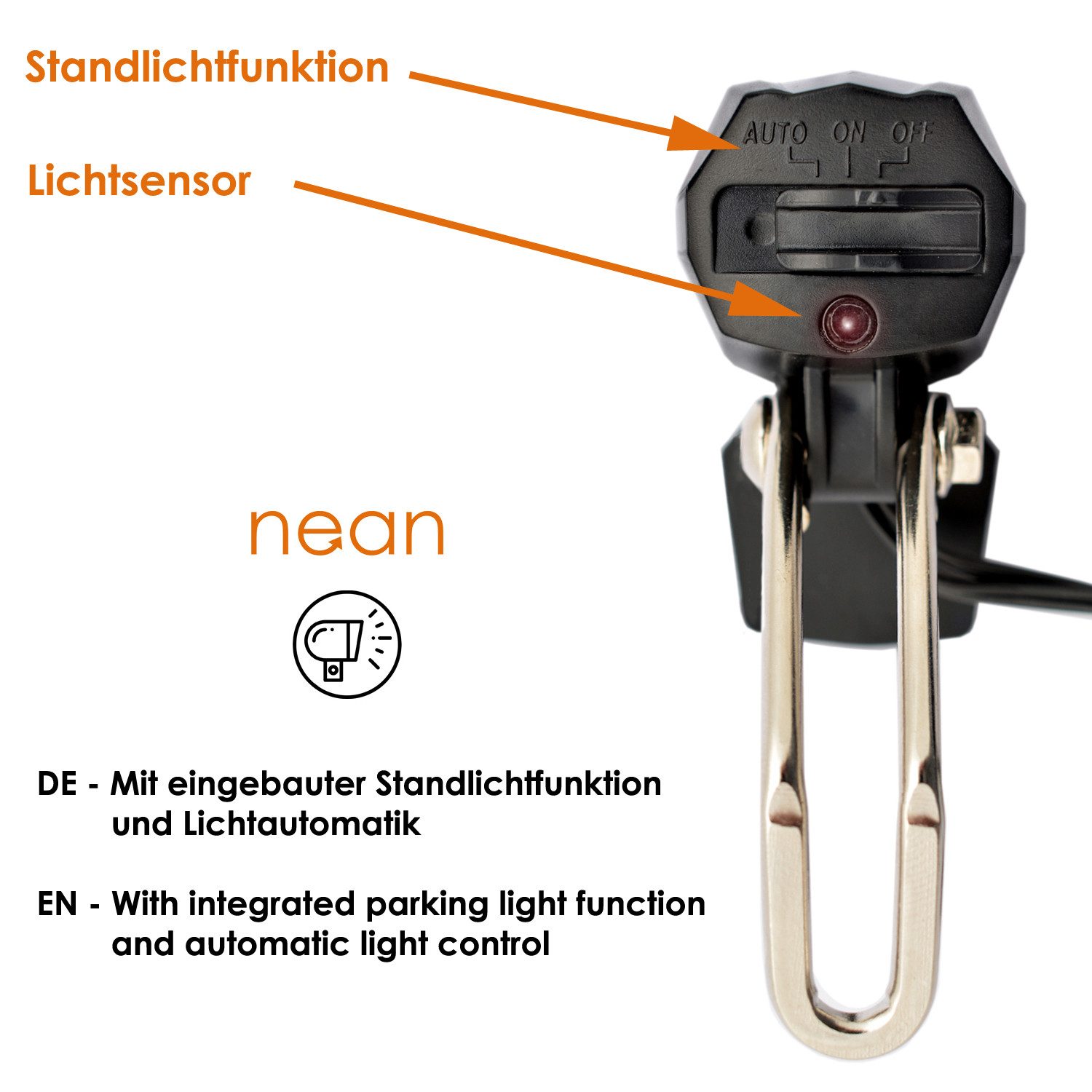 nean Fahrrad-Frontlicht Dynamo mit Lichtautomatik, Standlicht, Reflektor, StVZO, 30LUX, Rücklicht durch zweites vormontiertes Kabel ansteuerbar. – Bild 3 von 5