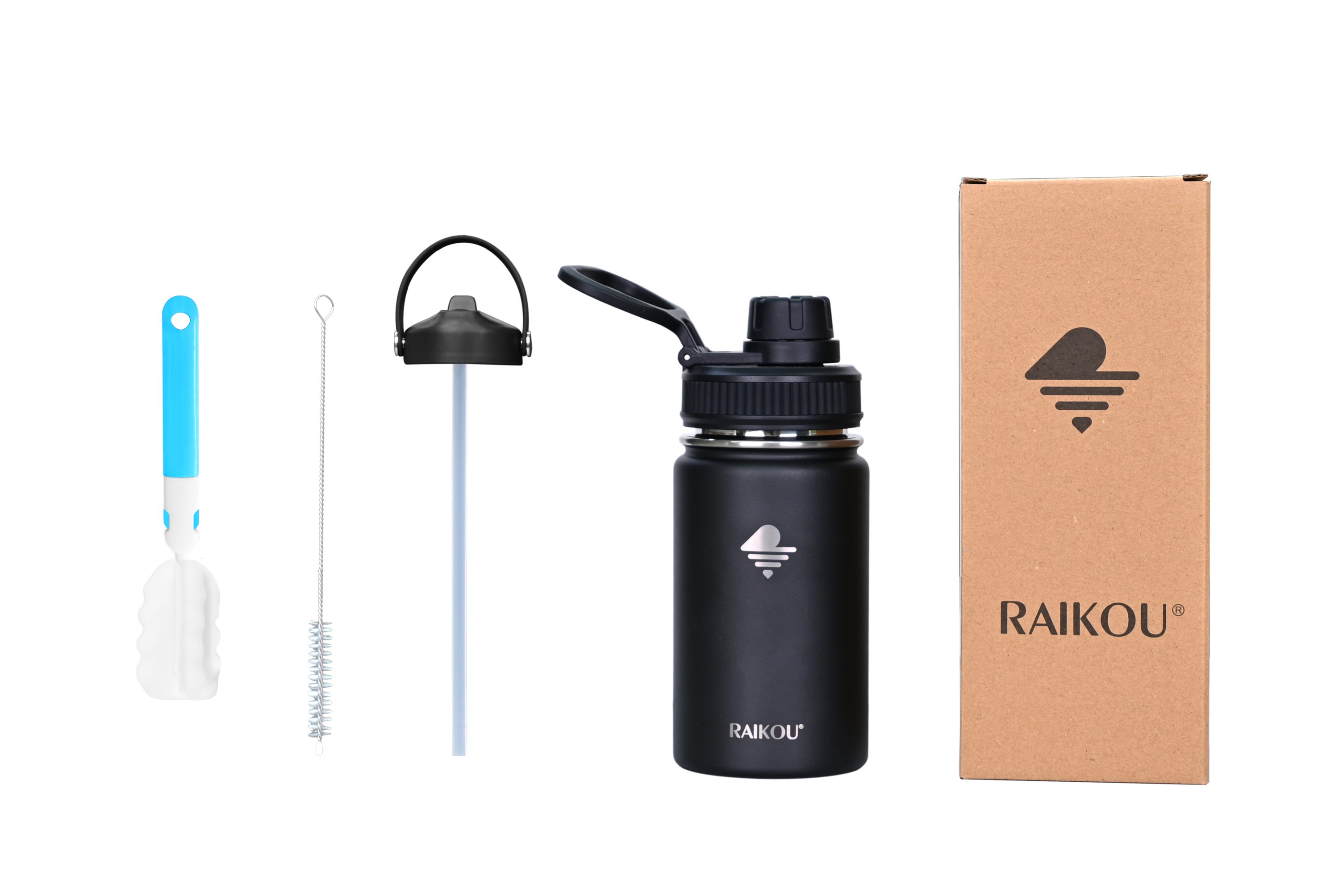 RAIKOU Isolierflasche Trinkflasche Vakuumisolierte Wasserflasche Auslaufsichere Sportflasche, mit 2 Deckel Schwarz