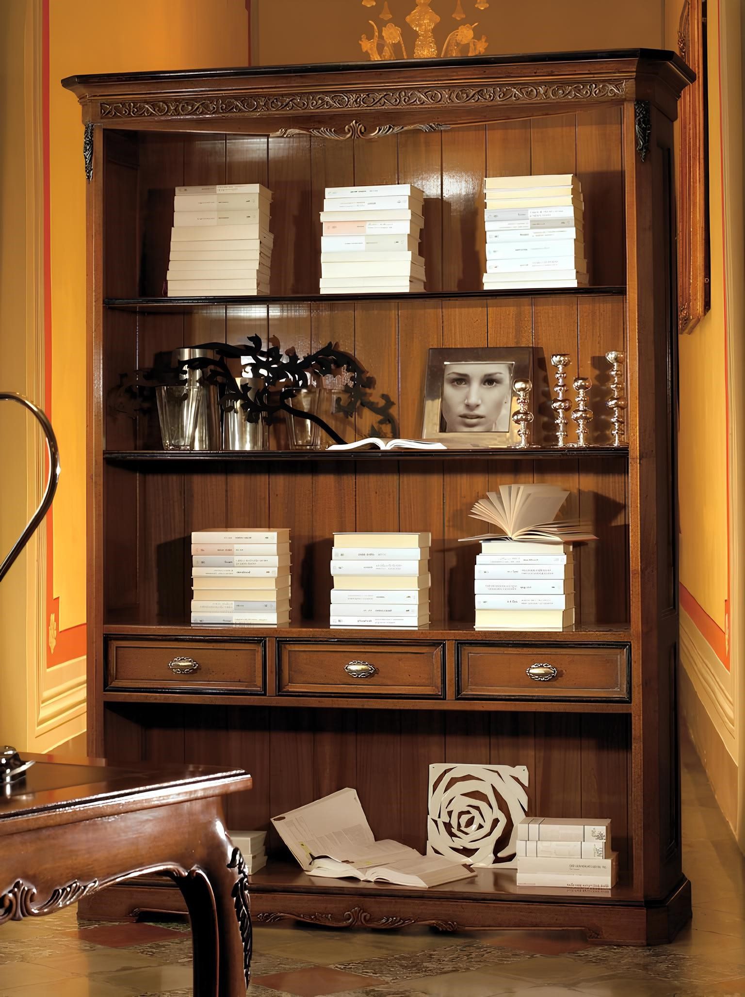Xlmoebel Bücherregal Elegantes Holzregal mit Schubladen für das Arbeitszimmer, 1-tlg., Hergestellt in Europa