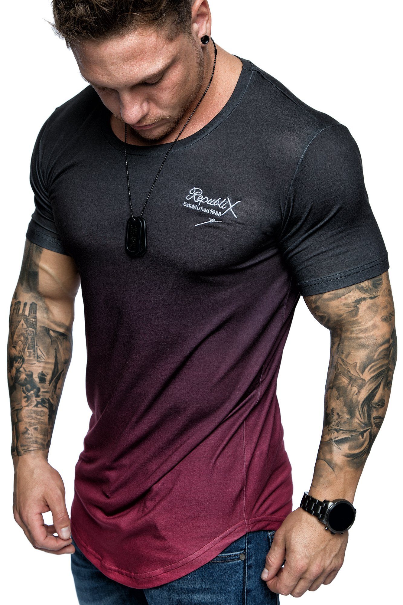 Oversize mit Herren Schwarz/Bordeaux Crew Waterfall REPUBLIX Shirt Design Neck LIAM Rundhalsausschnitt T-Shirt