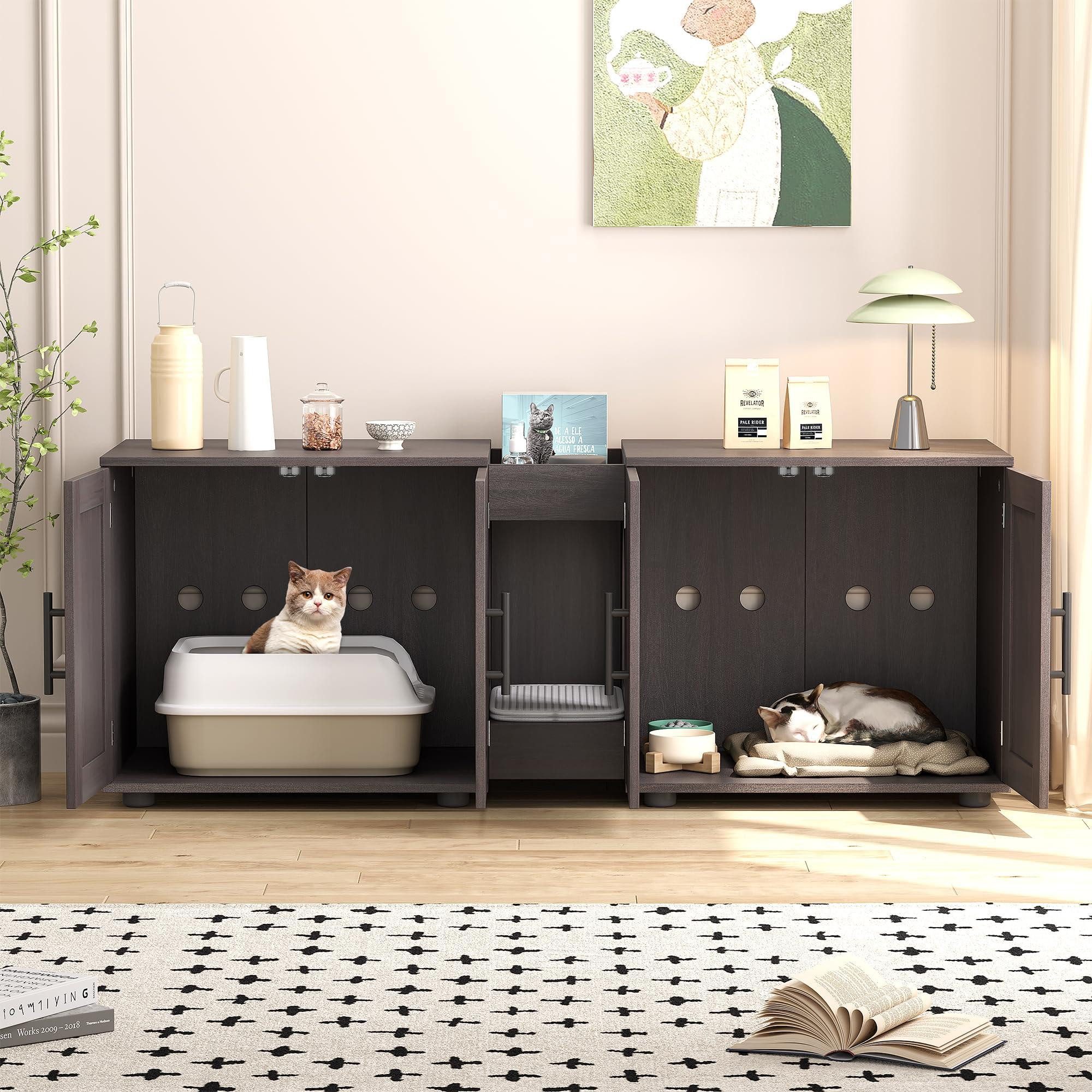 GarveeMore Katzentoilette Katzenklo Schrank Katzenhaus Katzenmöbel für 2 Katzen 140 x45 x57 cm