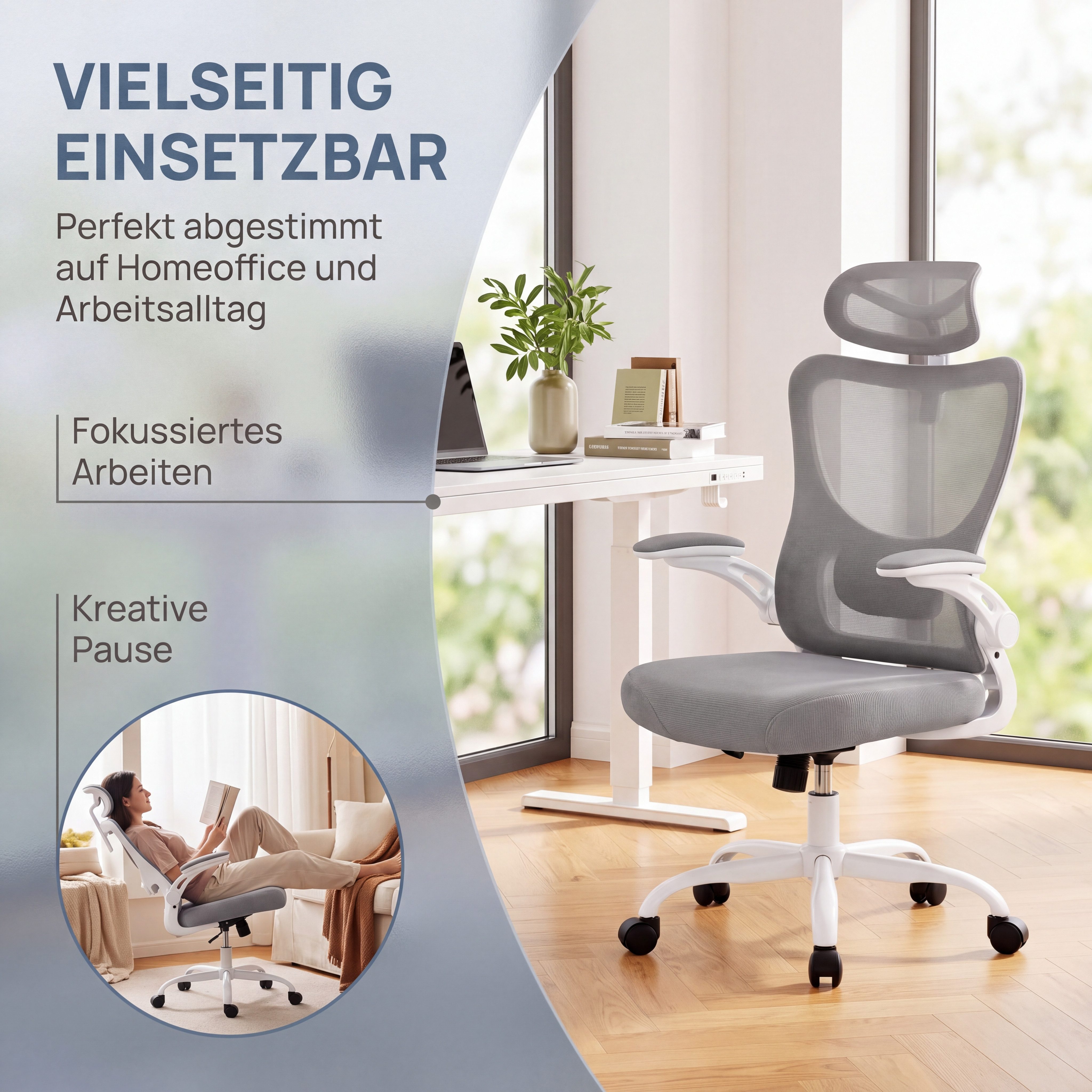 Marsail Bürostuhl Ergonomischer – Schreibtischstuhl Mesh mit 3D-verstellbaren Armlehnen (Dynamischer Lendenstütze, Wippfunktion), TÜV-geprüft, bis 136 kg – Idea – Bild 4 von 5