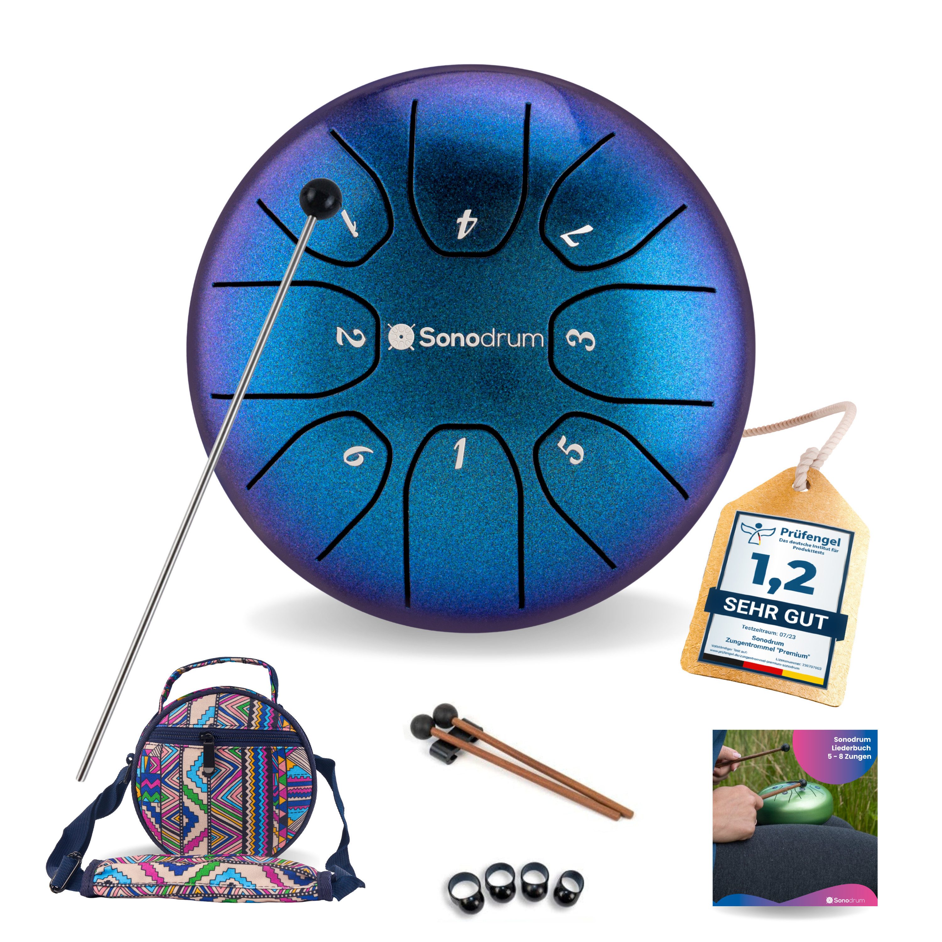 Sonodrum Steel Tongue Drum "Standard", C-Dur, 14 cm, 8 Zungen inkl. Liederbuch und Tragetasche