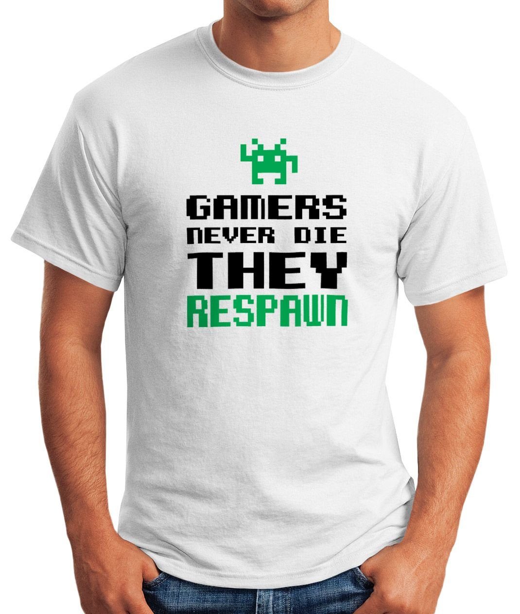 Print Pixel Fun-Shirt Print-Shirt Spruch weiß Zocker 80er die respawn MoonWorks Retro 90er never they Herren mit Moonworks® Gamers T-Shirt