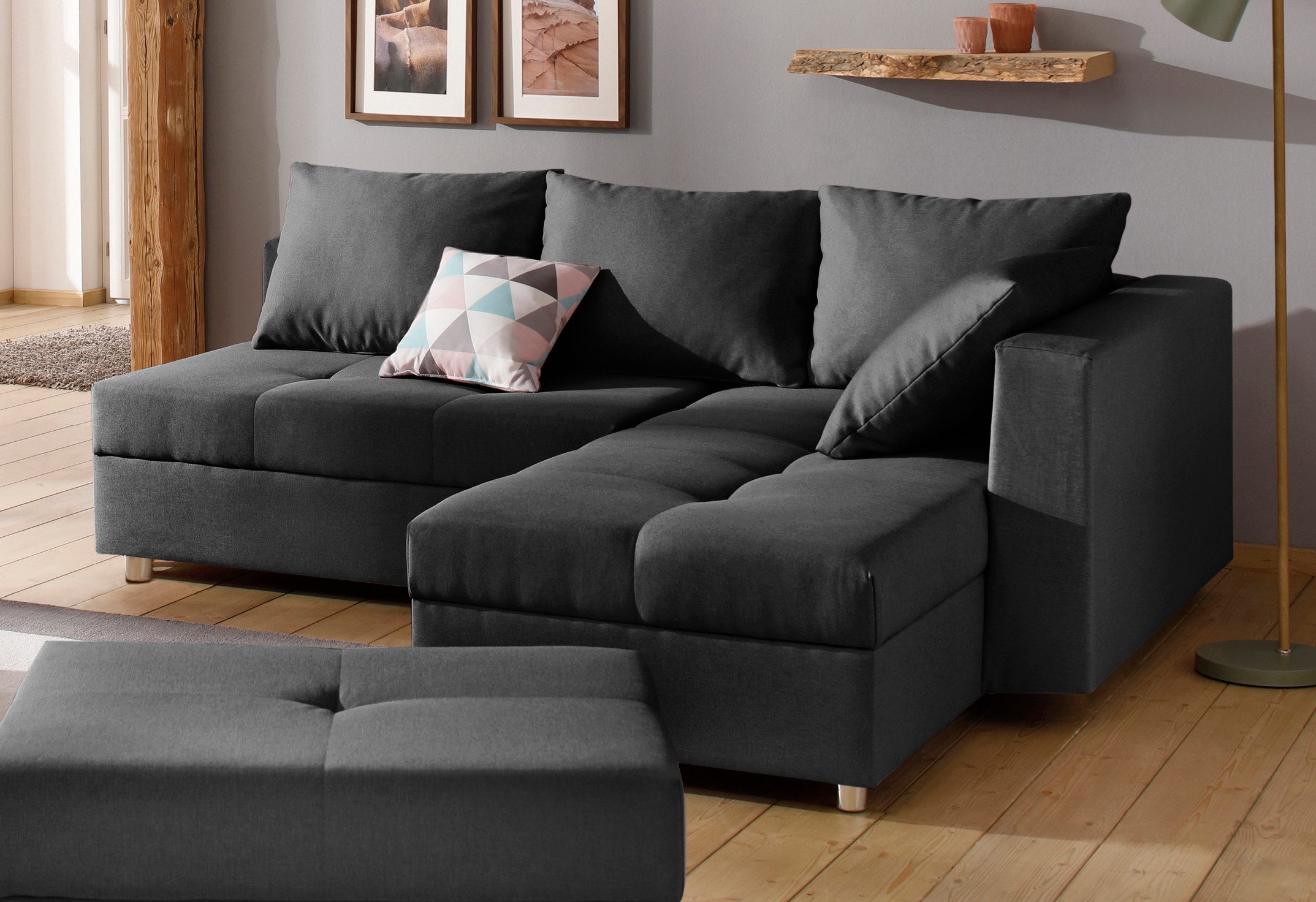 Home affaire Ecksofa Italia L-Form, B: 217 cm, Schlaffunktion, Bettkasten, Federkern, frei stellbar, mit Zierkissen, Gästebettfunktion