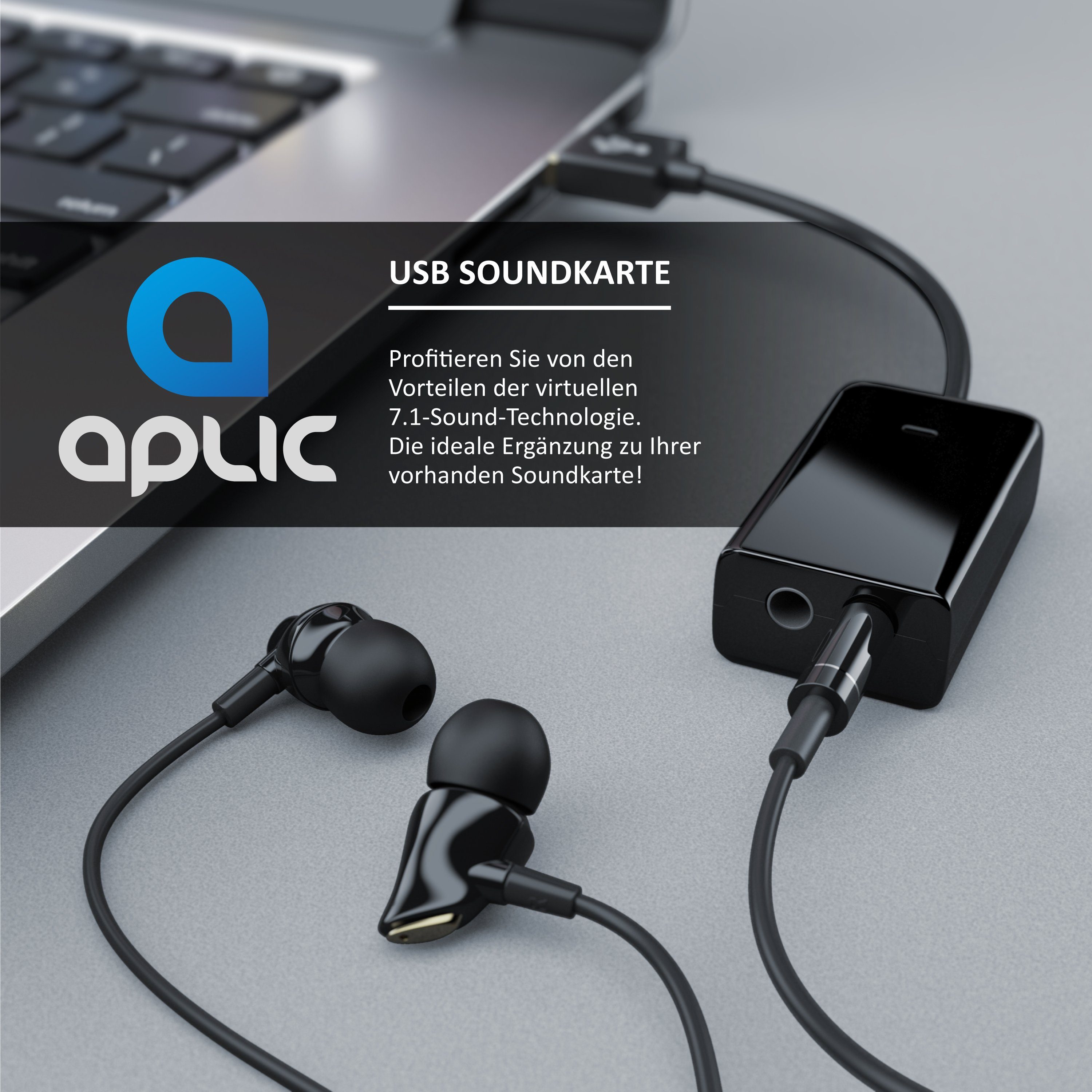 Aplic USB mini extern, Dynamic 3D Surround, 3,5mm Eingang, 3,5mm Ausgang Soundkarte Virtual 7.1 Surround, 3D Stereo, USB Audio Adapter, External Sound Card, für Win Linux Mac
