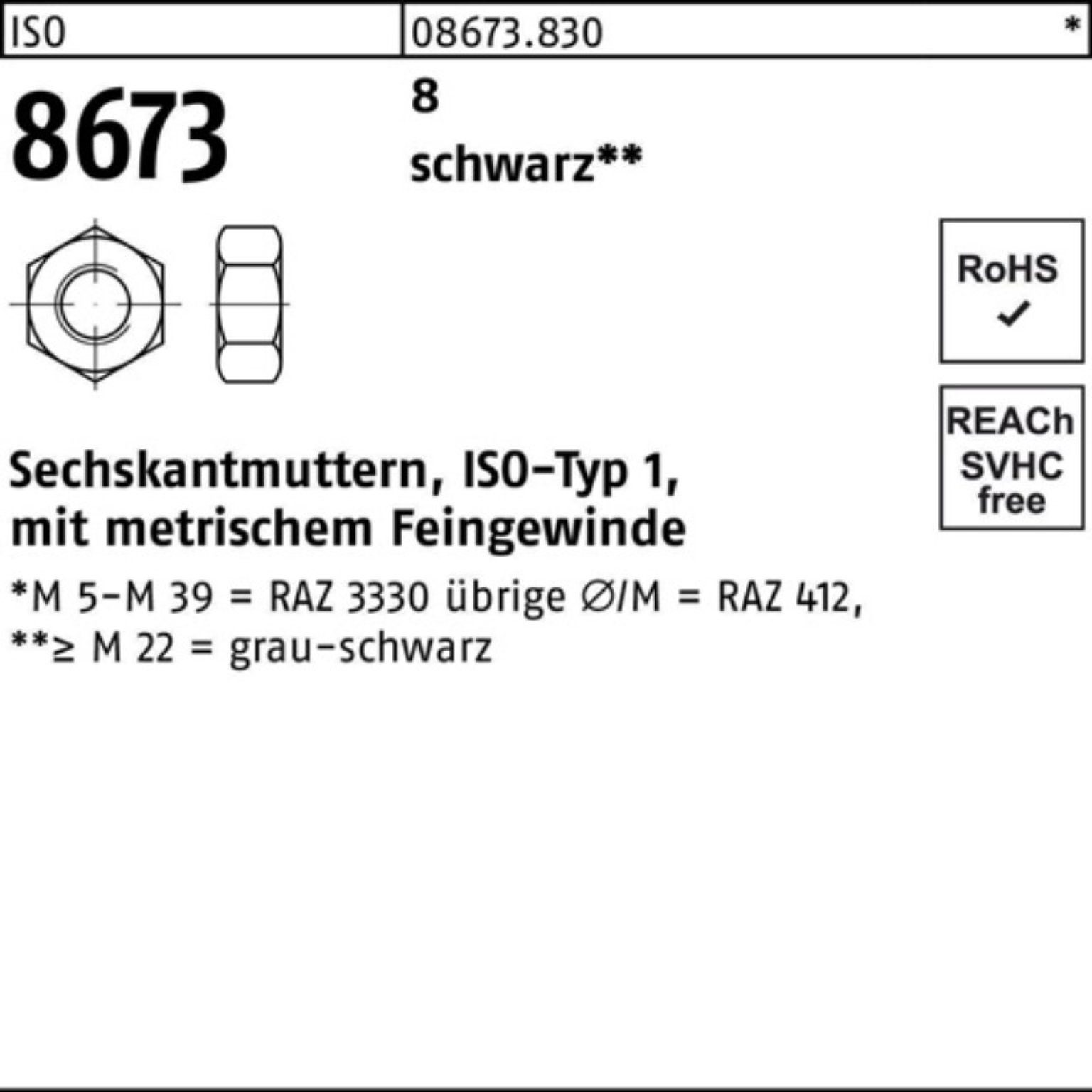 Reyher Muttern 100er Pack Sechskantmutter ISO 8673 M18x 1,5 8 sw 100 Stück ISO 8673