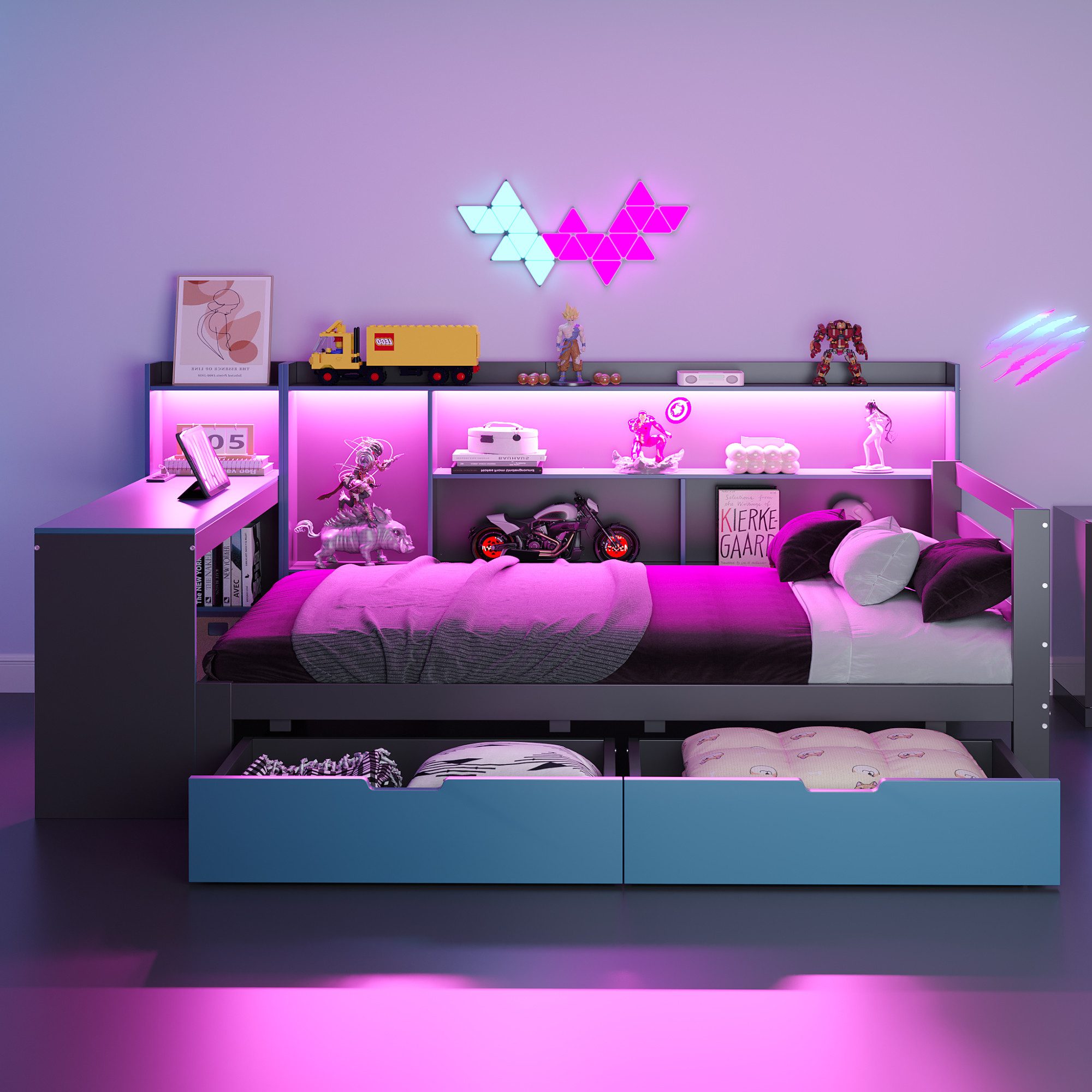 REDOM Schlafsofa Kinderbett Funktionsbett, mit Schreibtisch, LED-Beleuchtung und Stauraum 90x200 cm, ohne Matratze