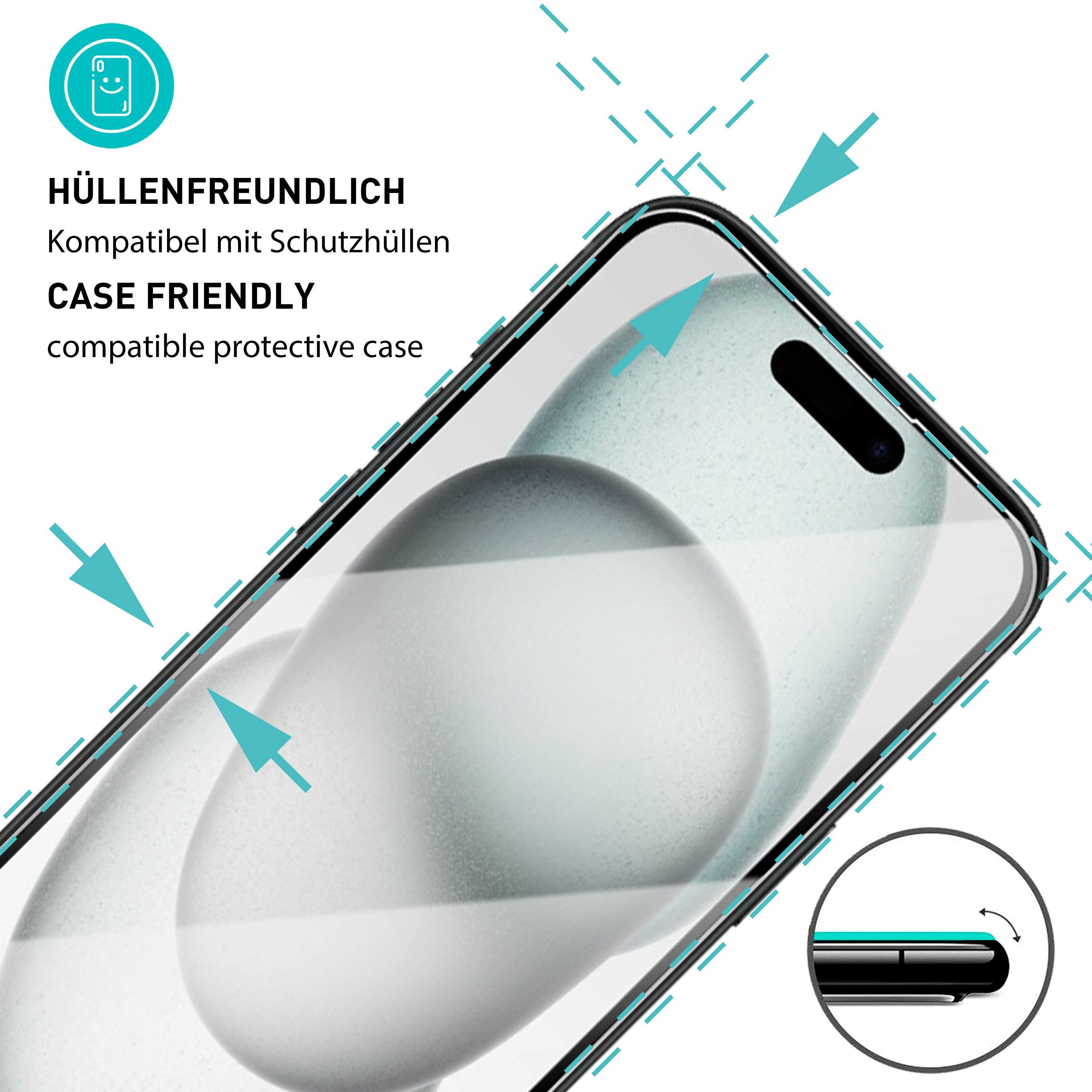 smartect Displayschutzglas Schutzglas Panzerfolie Klar für iPhone 15, Set, 3 Stück, (Display + Kamera) Schutzfolie inkl. Anbringhilfe