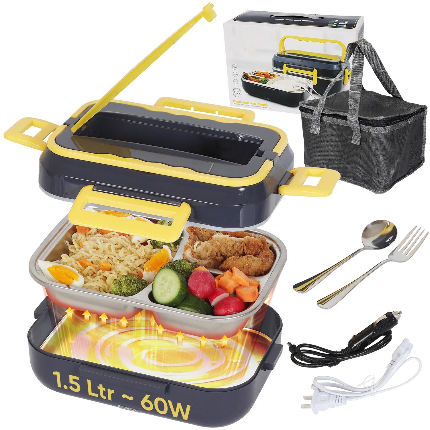 MOPUEA Elektrische Lunchbox 4 in 1 für Zuhause und Auto, 1,2 L, schnelles Erhitzen von Speisen, (4-in-1 elektrische Lunchbox für Auto, Büro, LKW; vielseitig einsetzbar, 1.5L, 75-W-Heizsystem, schnelles Erhitzen, leise, zirkulierende Wärme), Auslaufsicher, Gummidichtung,Kapazität, tragbar, Temperatur bis 80°C