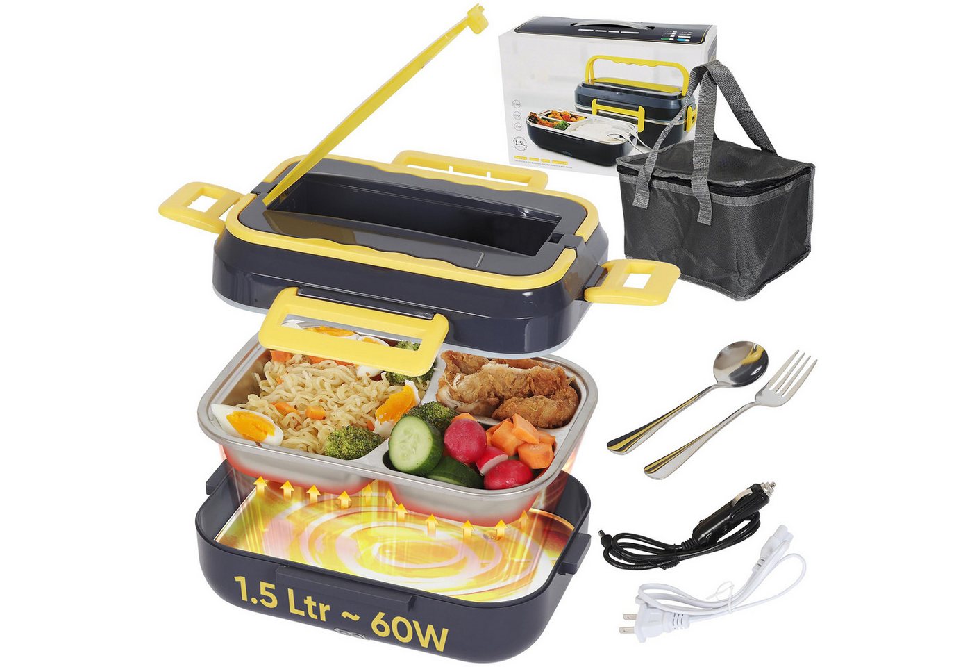 MOPUEA Elektrische Lunchbox 4 in 1 für Zuhause und Auto, 1,2 L, schnelles Erhitzen von Speisen, (4-in-1 elektrische Lunchbox für Auto, Büro, LKW, vielseitig einsetzbar, 1.5L, 75-W-Heizsystem, schnelles Erhitzen, leise, zirkulierende Wärme), Auslaufsicher,