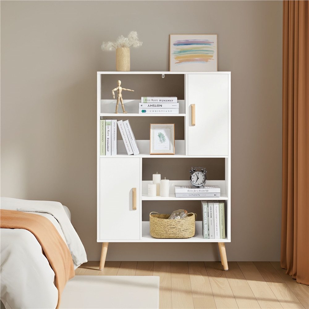 Yaheetech Bücherregal 4-Stufiges Standregal mit 2 Schrankfächern mit Türen, Modernes Offenes Standregal mit Holzfüßen