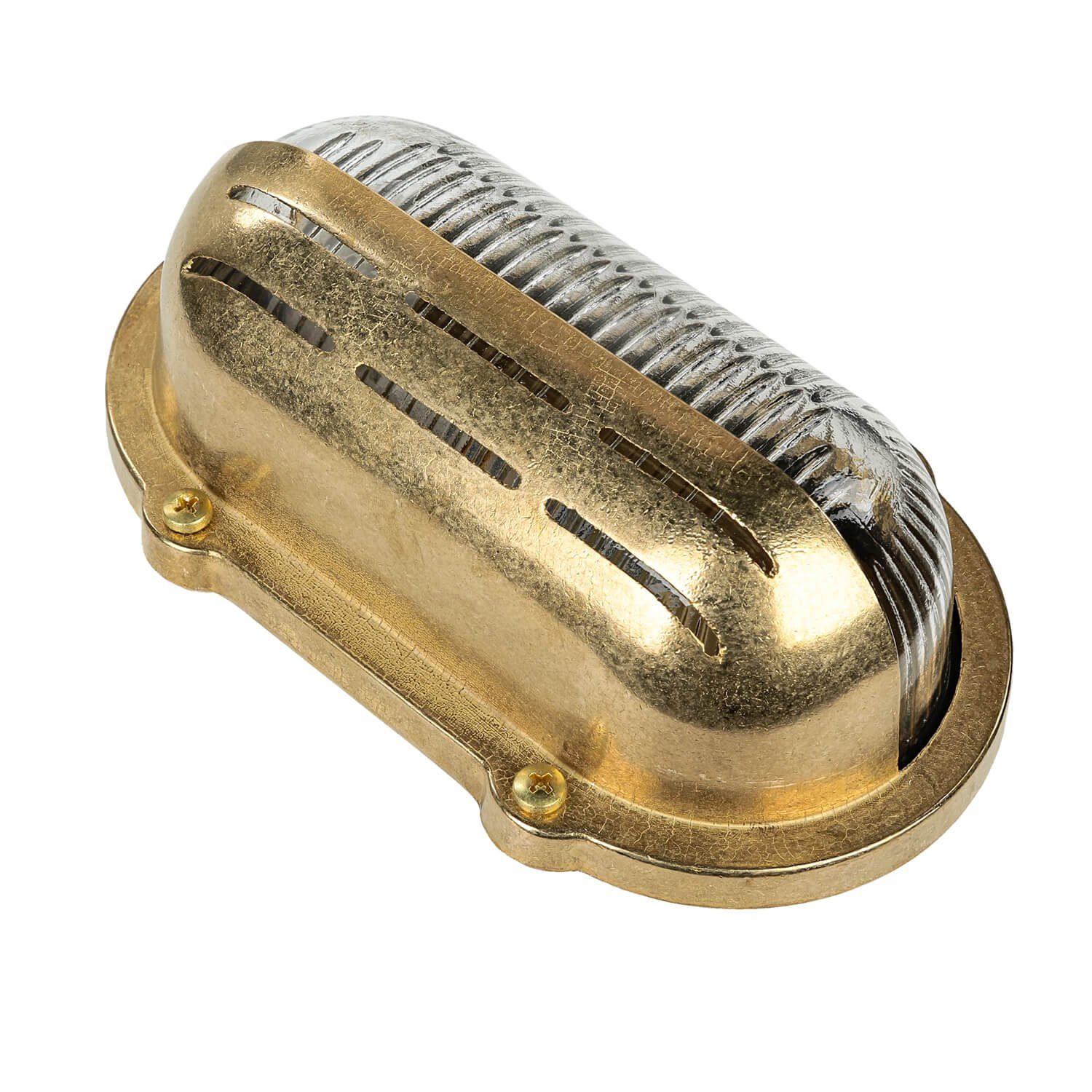 Licht-Erlebnisse Außen-Wandleuchte SKIATHOS, ohne Leuchtmittel, Außenleuchte Messing IP64 rostfrei robust Riffelglas Haus Terrasse