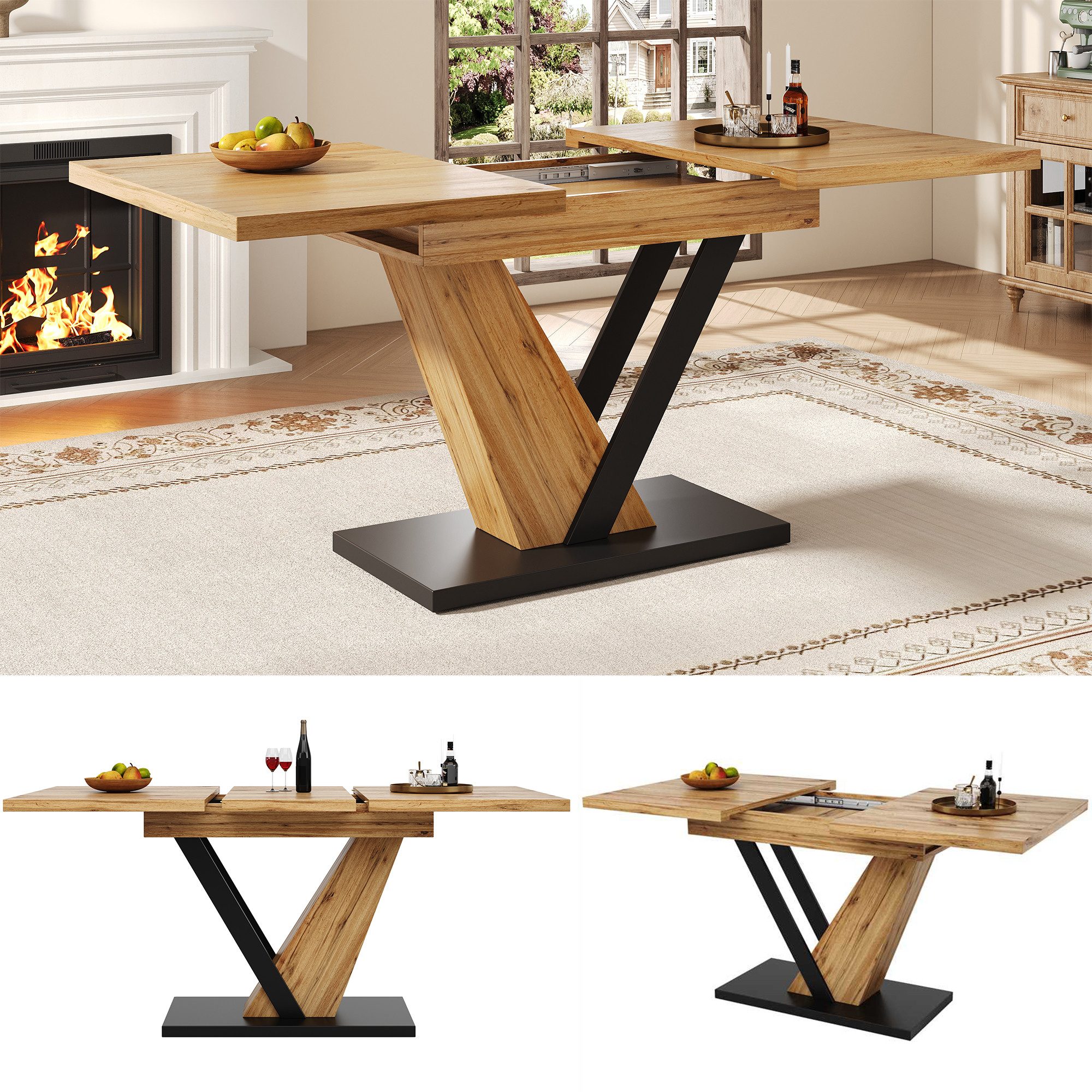 Ulife Esstisch Ausziehbarer Küchentisch, Tischplatte mit Holzmaserung (1-St), 120–160 x 75 x 75,5 cm, geeignet für Küche und Wohnzimmer