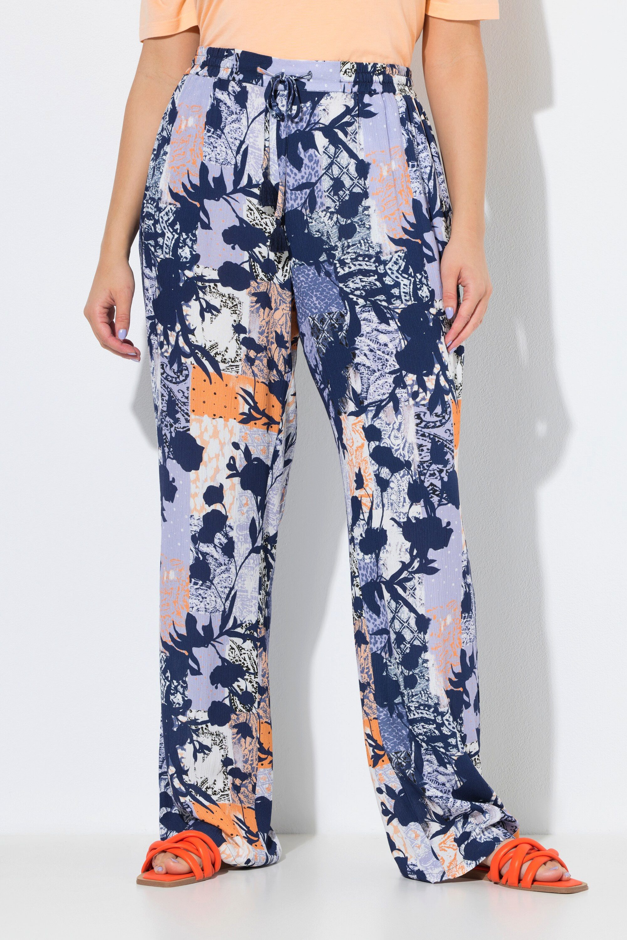 Ulla Popken Funktionshose Hose Rose floraler Druck weites Bein Elastikbund