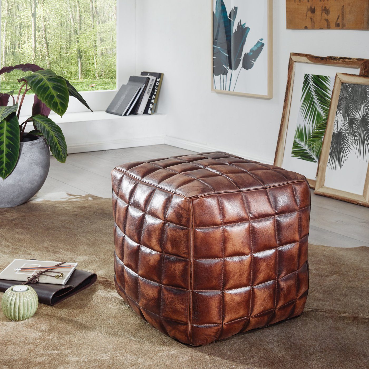 Wohnling Sitzwürfel WL5.331 Leder Ottomane Sitzhocker Hocker Braun Polsterhocker (Echtleder Braun 39x41x39 cm Ottomane Wohnzimmer), Hocker Gepolstert Sitzhocker Beinablage Wohnzimmer
