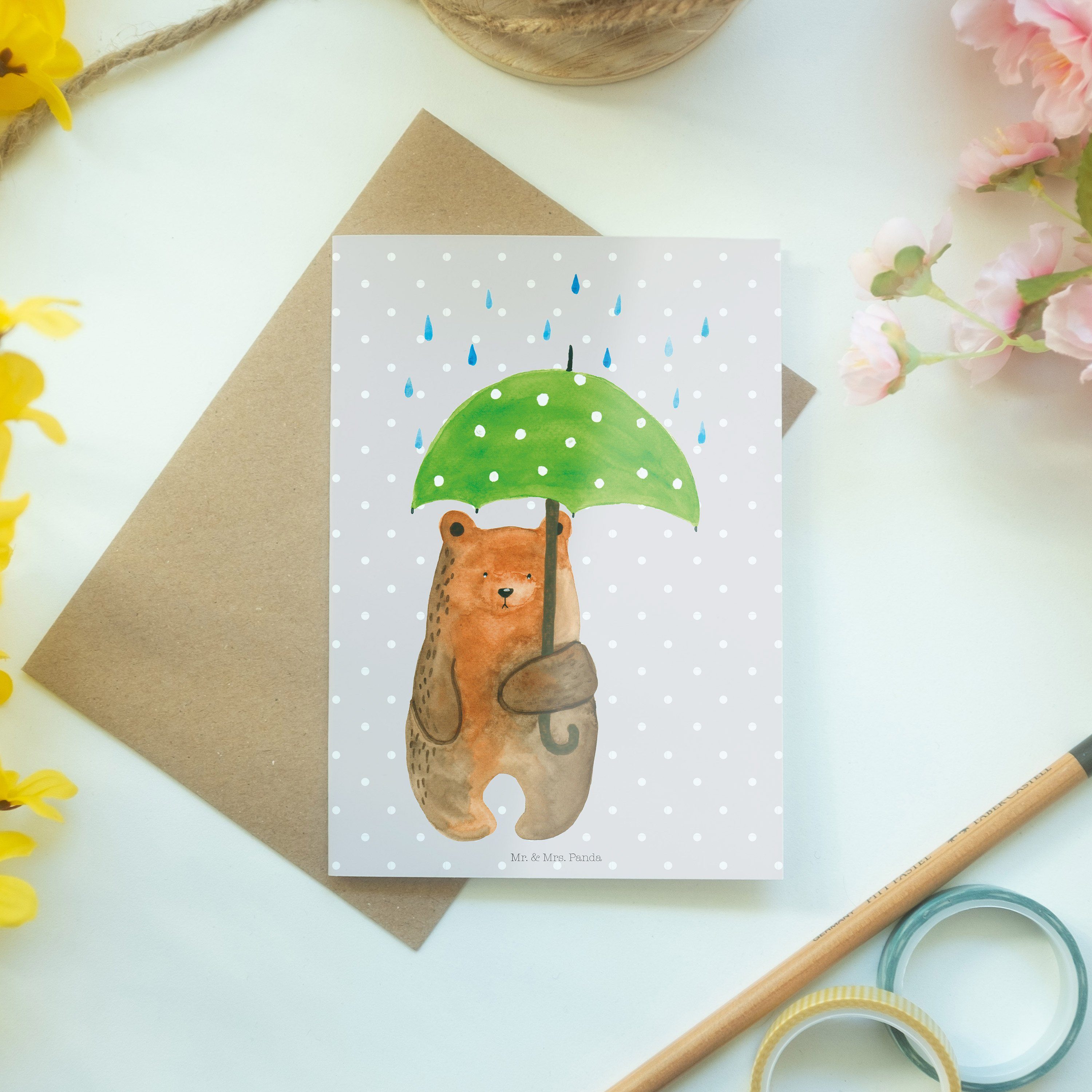 - Mr. Regenschirm Partner Geschenk, Bär Panda - Pastell & mit zurück, Grau Glückw Mrs. Grußkarte