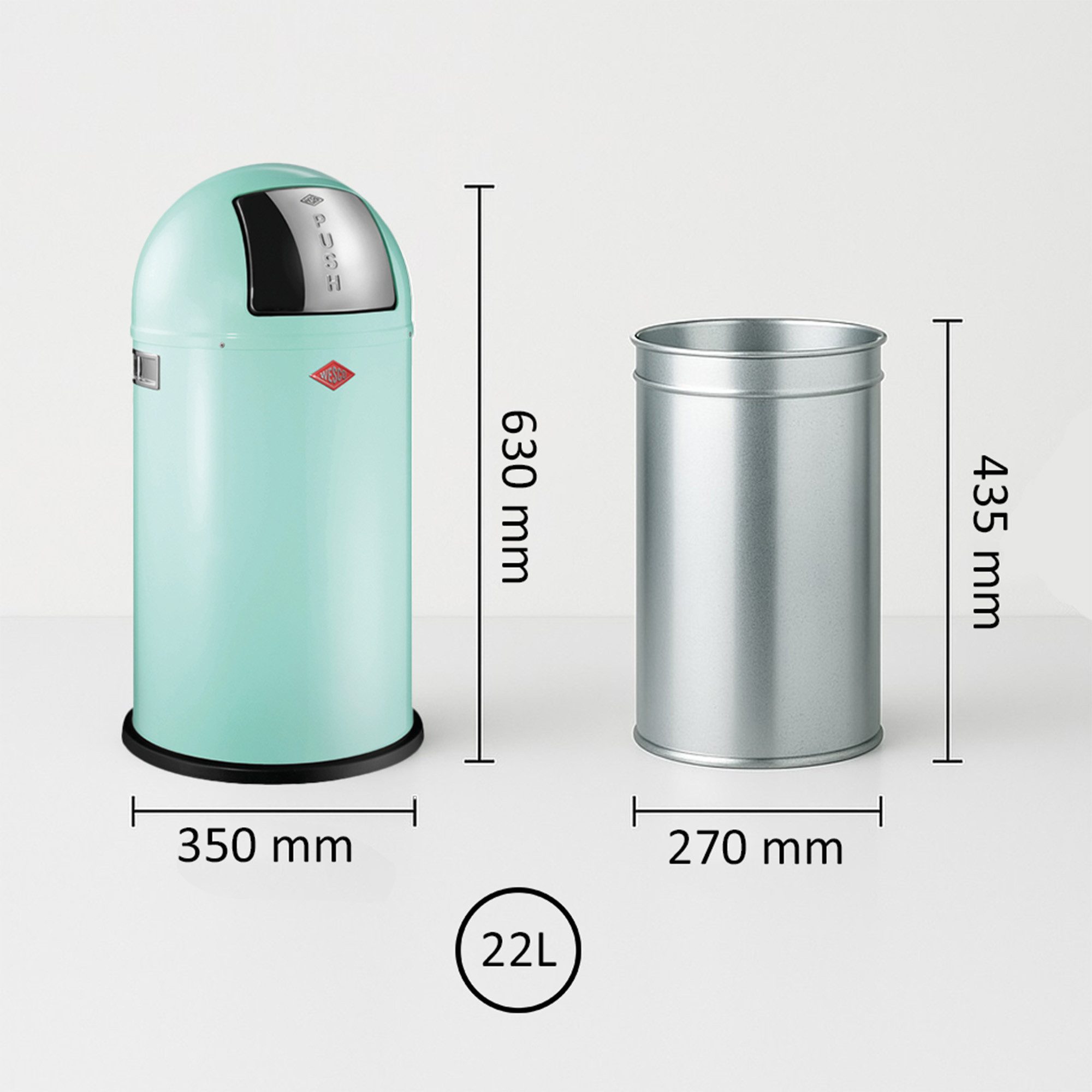 WESCO Mülleimer Pushboy Junior Abfallsammler, mit Metalleinsatz, Griffe, Einwurfklappe aus Edelstahl und Bodenring