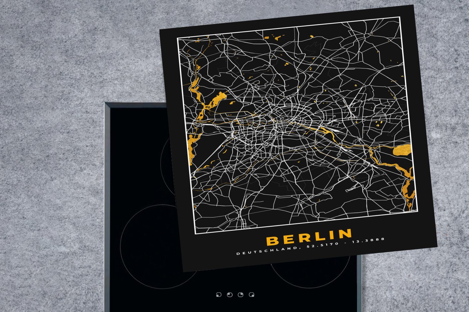 Stadtplan - cm, 78x78 für Berlin - Ceranfeldabdeckung, Karte - küche MuchoWow - Arbeitsplatte Gold, (1 Herdblende-/Abdeckplatte Vinyl, Deutschland tlg),