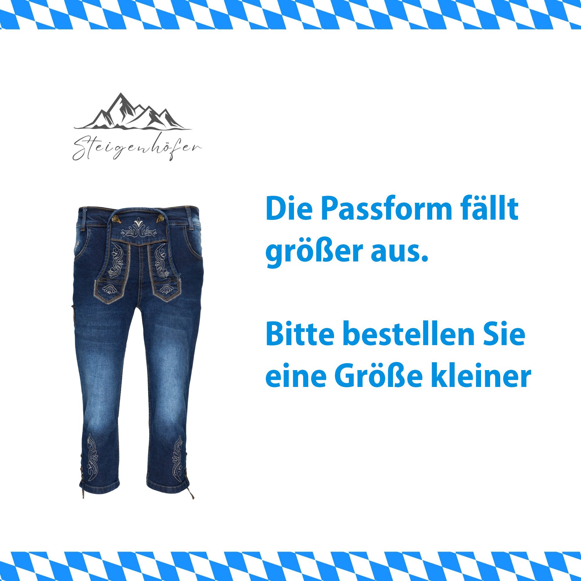 Steigenhöfer Manufaktur Jeansshorts im Lederhosen Look - Damen Shorts - Stretch für Komfort - Capri Jeans Traditionelles Design - Ideal für Oktoberfest usw. - auch als 3/4 Hose