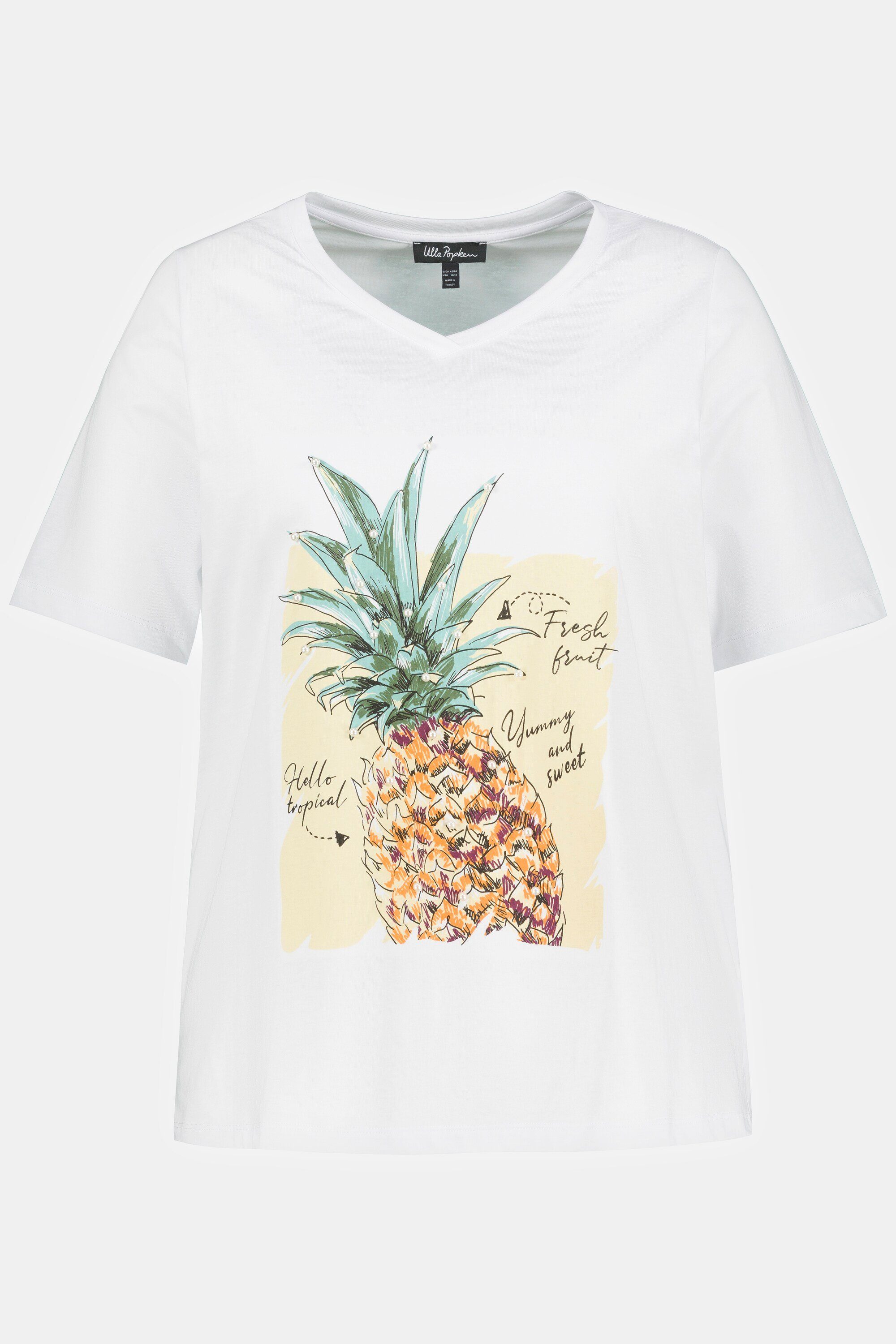 Damen Shirts Ulla Popken Rundhalsshirt T-Shirt Ananas Classic V-Ausschnitt Halbarm