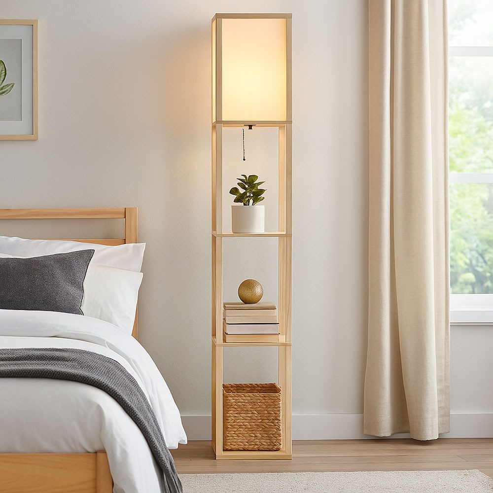 GLOBO LIGHTING Stehlampe, Leuchtmittel nicht inklusive, Stehlampe Standleuchte Leselampe Holzregal Textil Zugschalter
