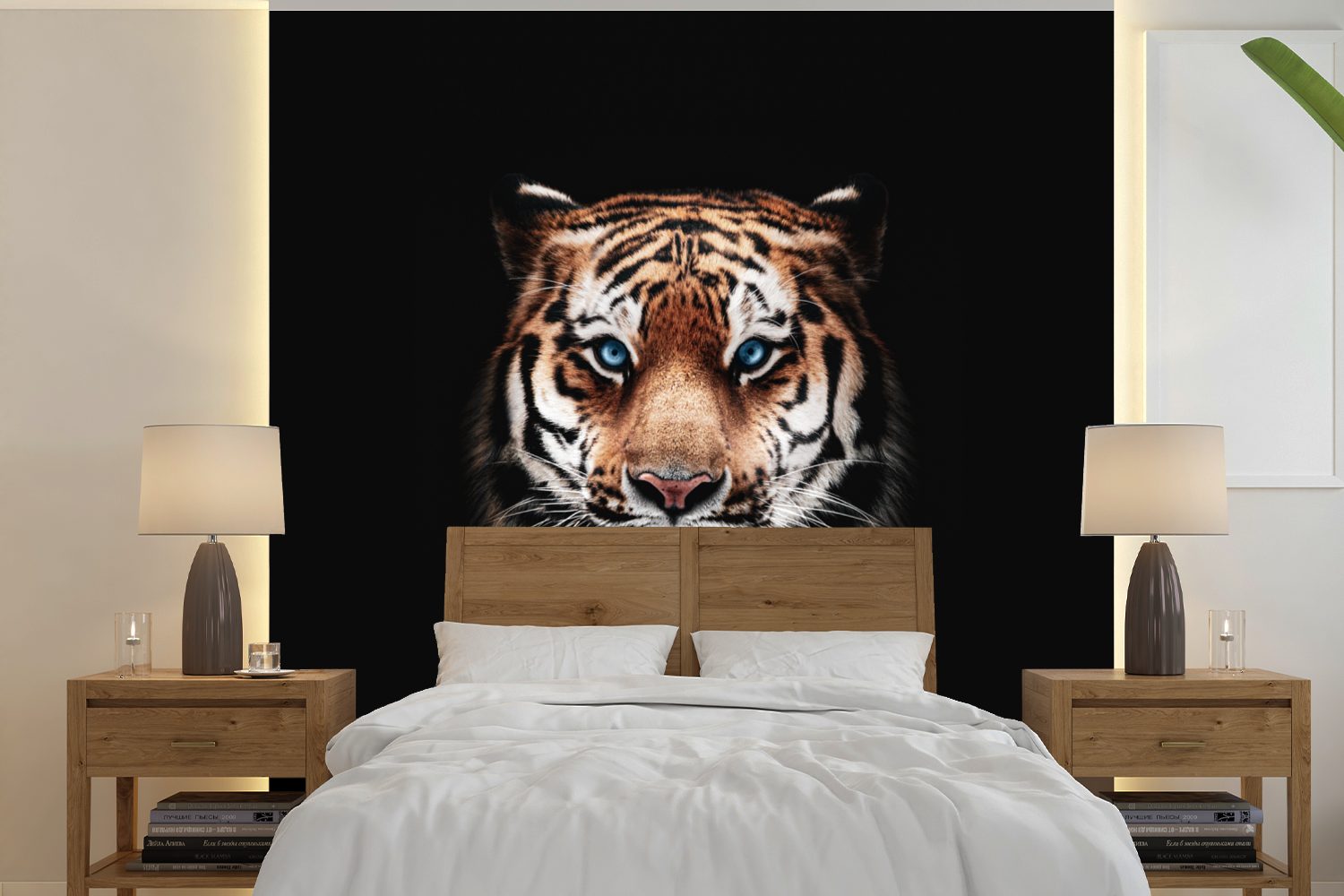 - - Fototapete Wohnzimmer MuchoWow Vinyl (5 Wandtapete Tiger für Tiere Schlafzimmer, Matt, Schwarz, Tapete bedruckt, St), oder