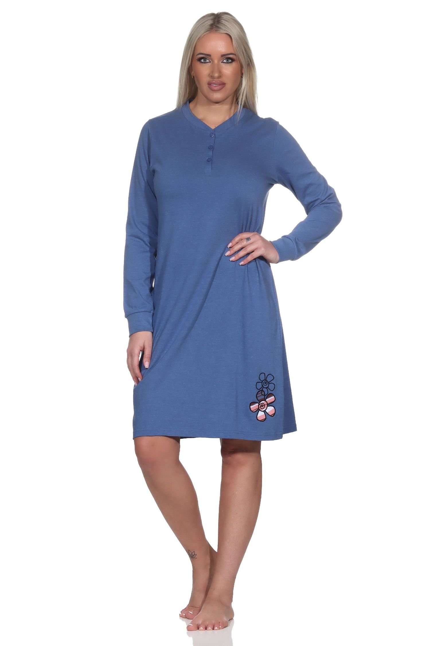 Normann Nachthemd Normann Damen Nachthemd Bündchen in - mit Übergrössen langarm blau-mel. auch