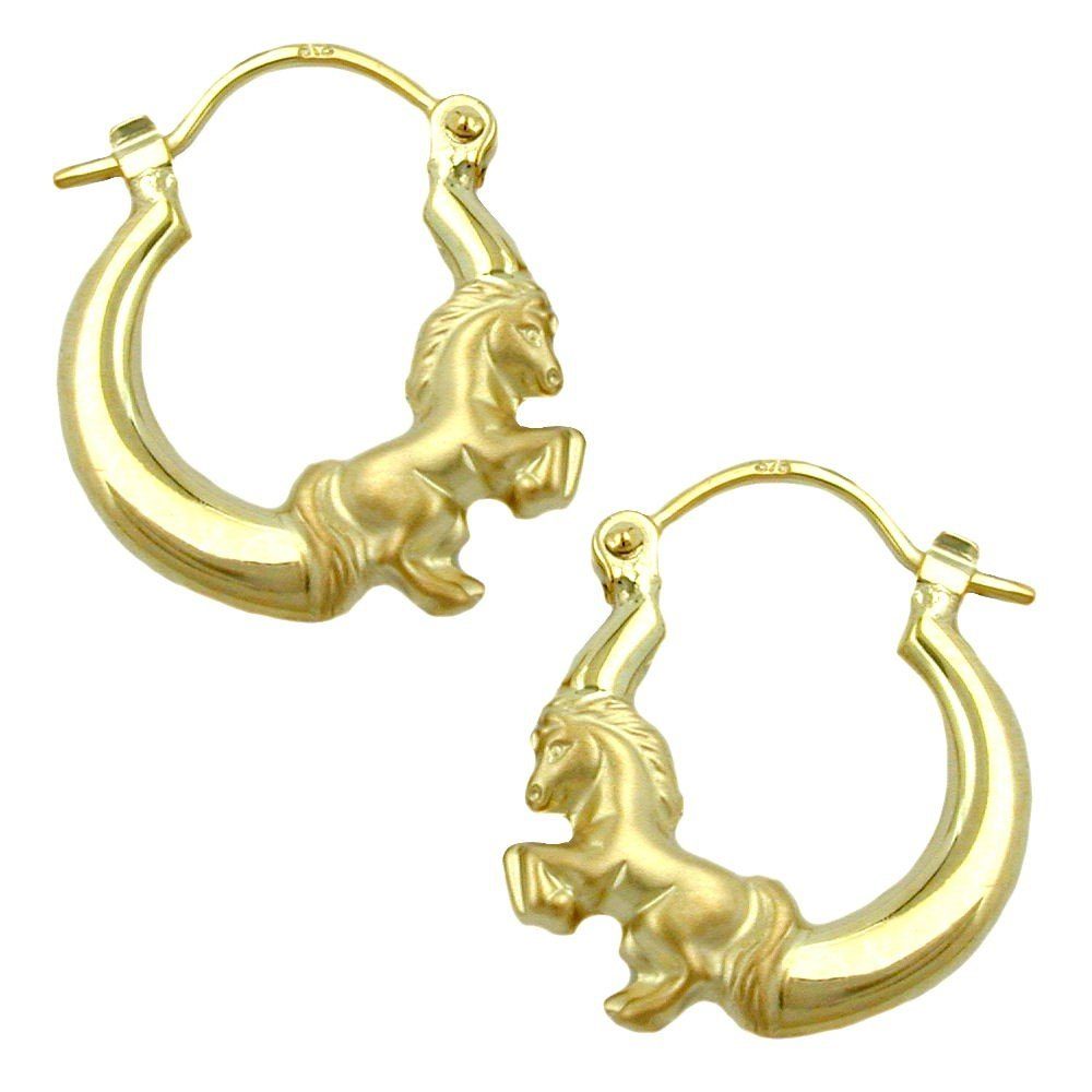 Creolen Gold Schmuck Ohrringe 375 Kreolen Kinderschmuck Krone 375 Echtgold Pferd Ohrschmuck, NEU Gold Paar