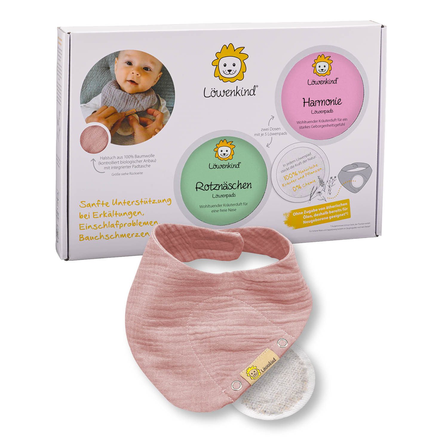 Löwenkind Babypflege-Set Einsteigerbox mit Halstuch, Rotznäschen- und Harmonie-Pads, 3 tlg., Sanfte Unterstützung aus der Natur