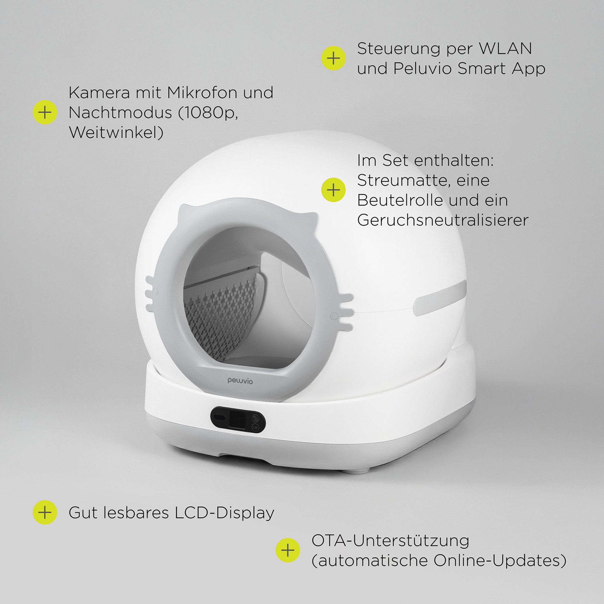 Peluvio Katzentoilette PEARL, Selbstreinigung/ToF+4 Waagen/1080p Kamera/WLAN 2.4+5/72 l