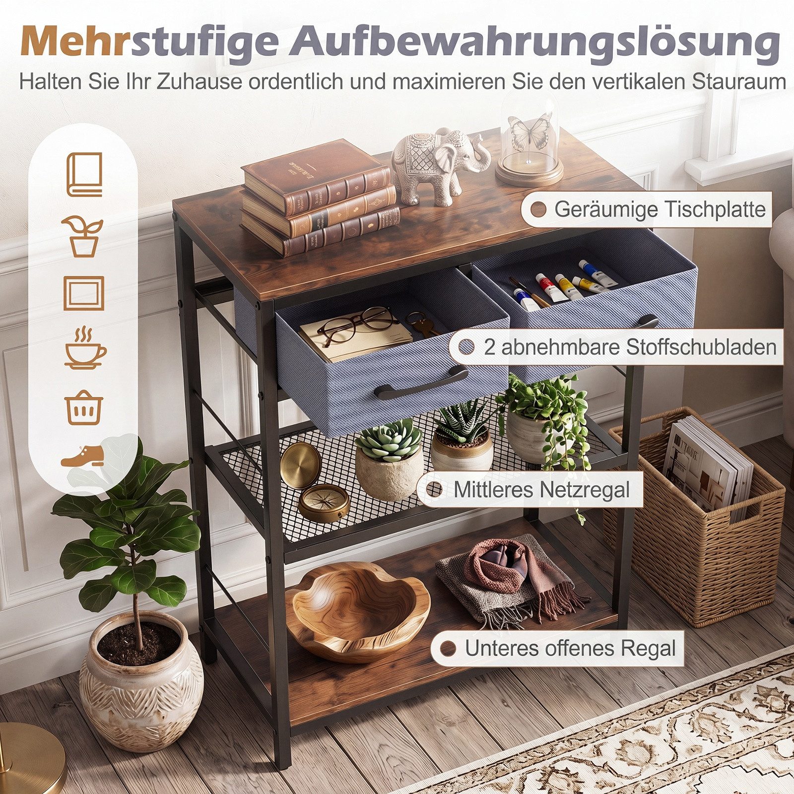 COSTWAY Konsolentisch, schmal mit 2 Stoffschubladen & Regal Eingangstisch 60x30x81cm