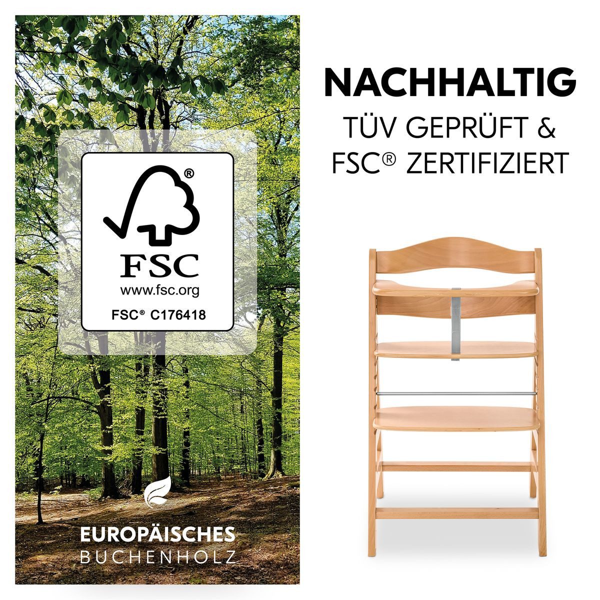 Hauck Hochstuhl Alpha Plus - Natur, Mitwachsender Holz Kinderhochstuhl verstellbar mit Baby-Sitz & Gurt