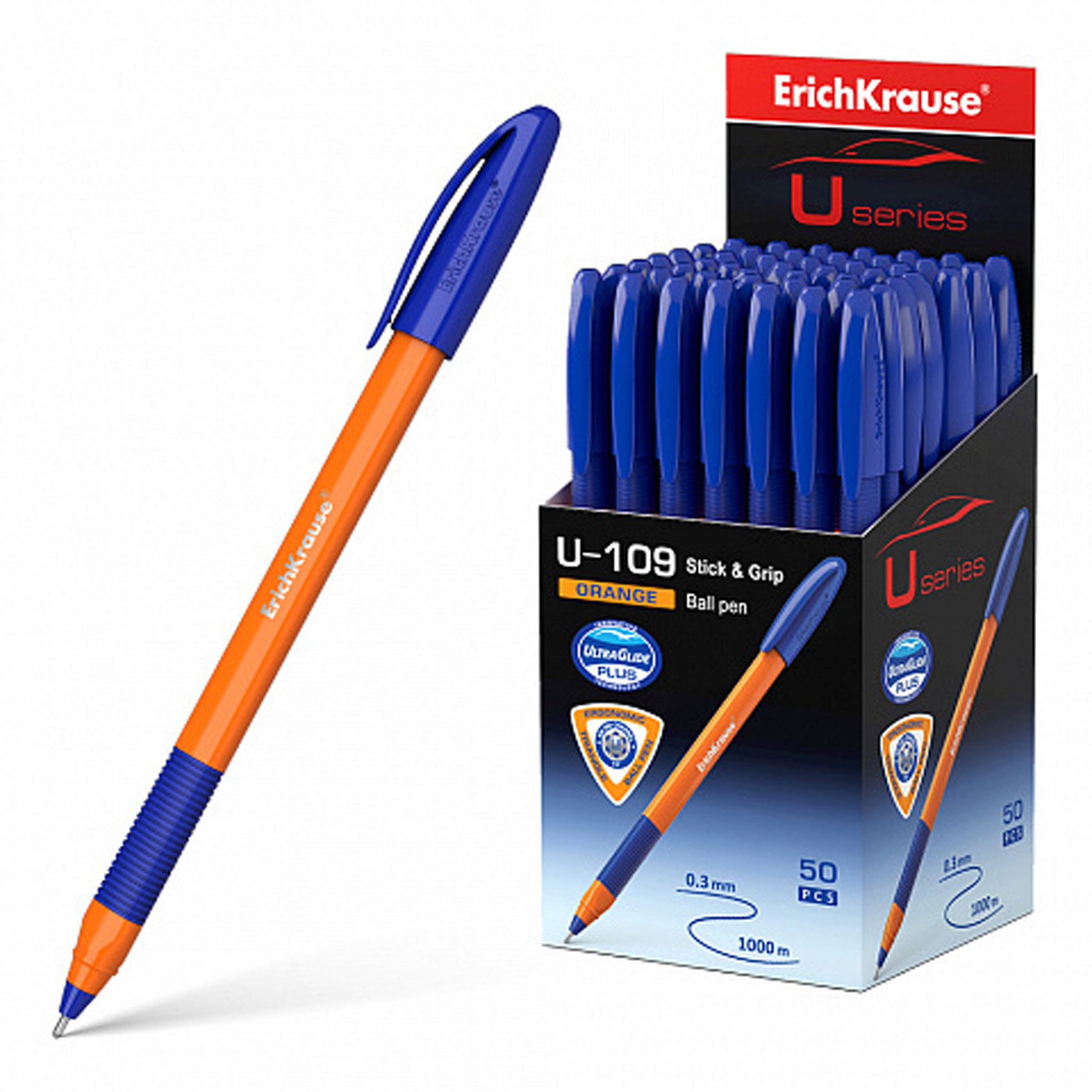 Erich Krause Kugelschreiber, Kugelschreiber U-109 Orange 0,3mm mit Gummigriff 50er Pack Blau