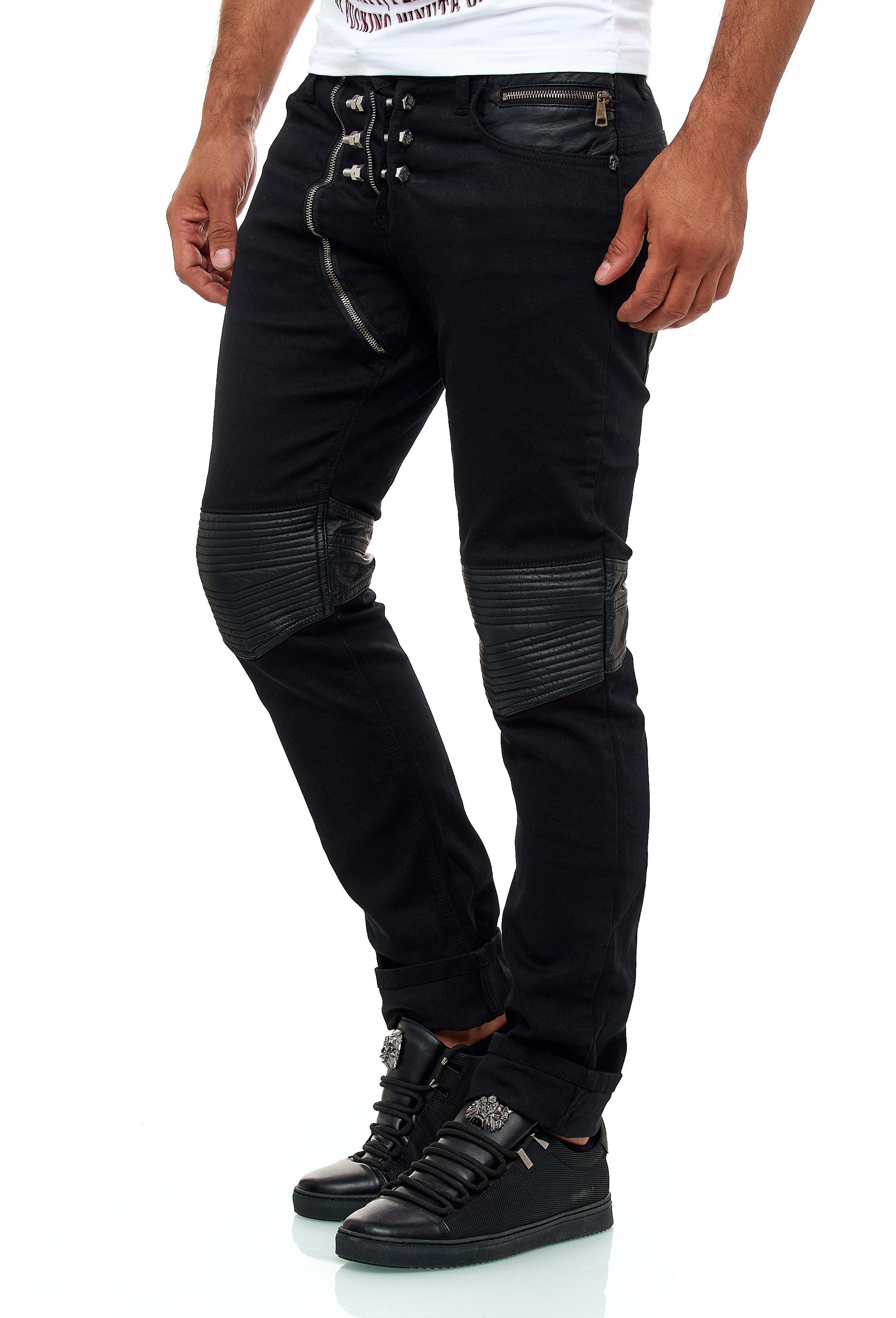 KINGZ Slim-fit-Jeans Herren Designer Schraubenjeans in Schwarz Black W31/L3 günstig online kaufen