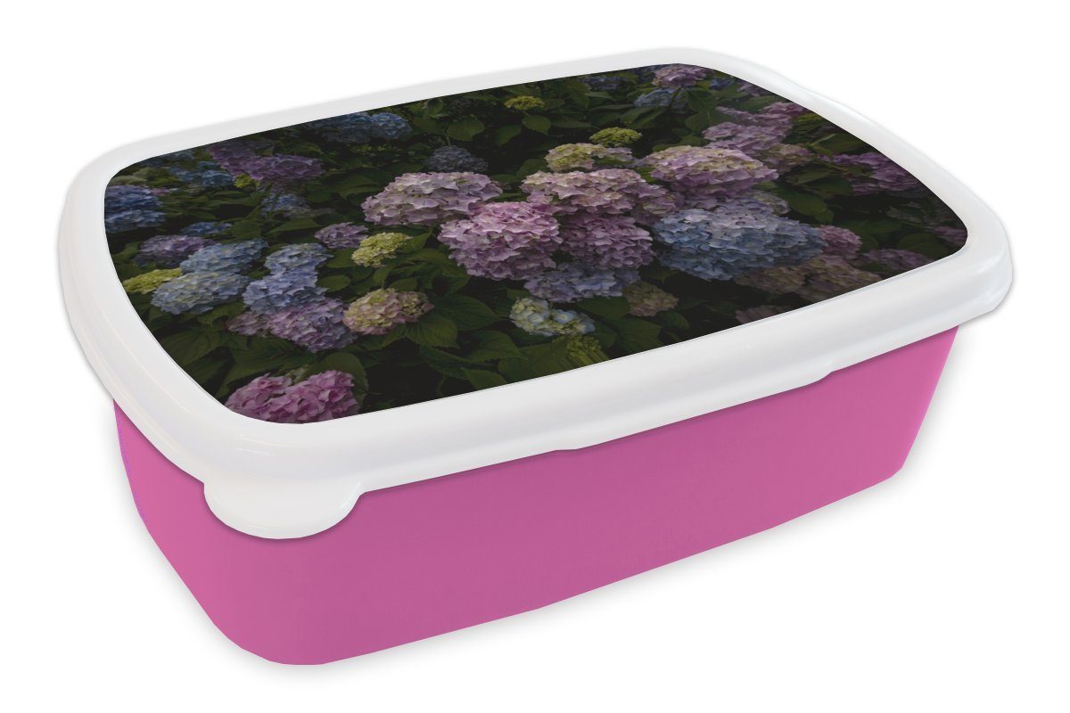 MuchoWow Lunchbox Blühende Hortensiensträucher im Garten, Kunststoff, (2-tlg), Brotbox für Erwachsene, Brotdose Kinder, Snackbox, Mädchen, Kunststoff rosa