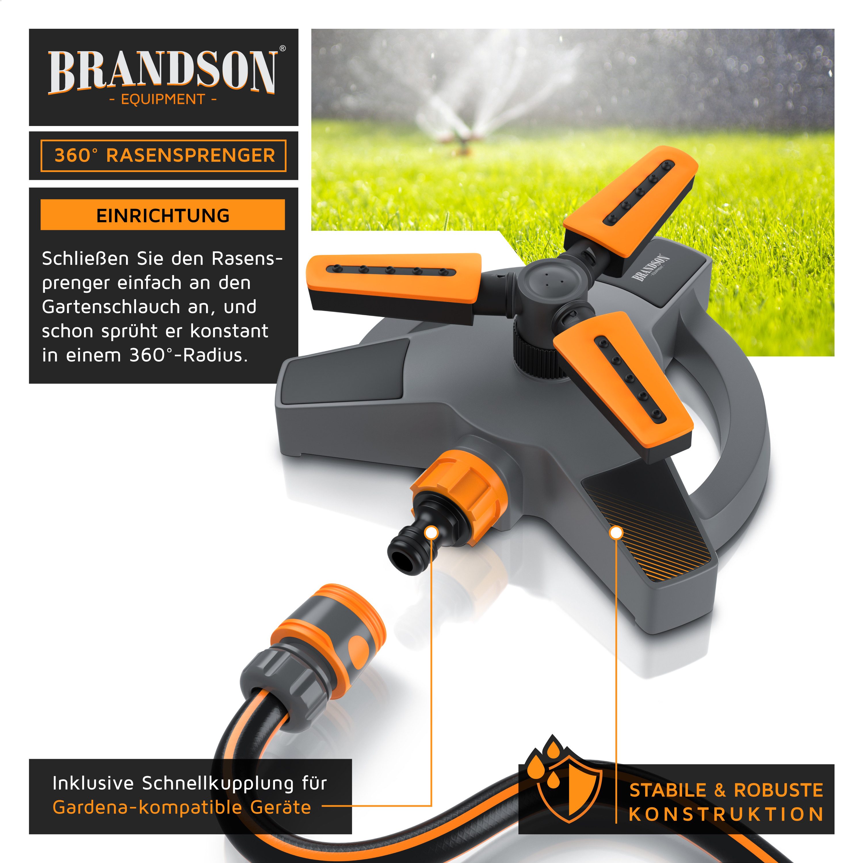 Brandson Kreisregner Garten Sprinkler, 360° Rasensprenger, 3 Arm Rasensprinkler rotierend, für Flächen bis 314 m², (1-St), 60°-90° verstellbar, 8-10 m Reichweit – Bild 4 von 5