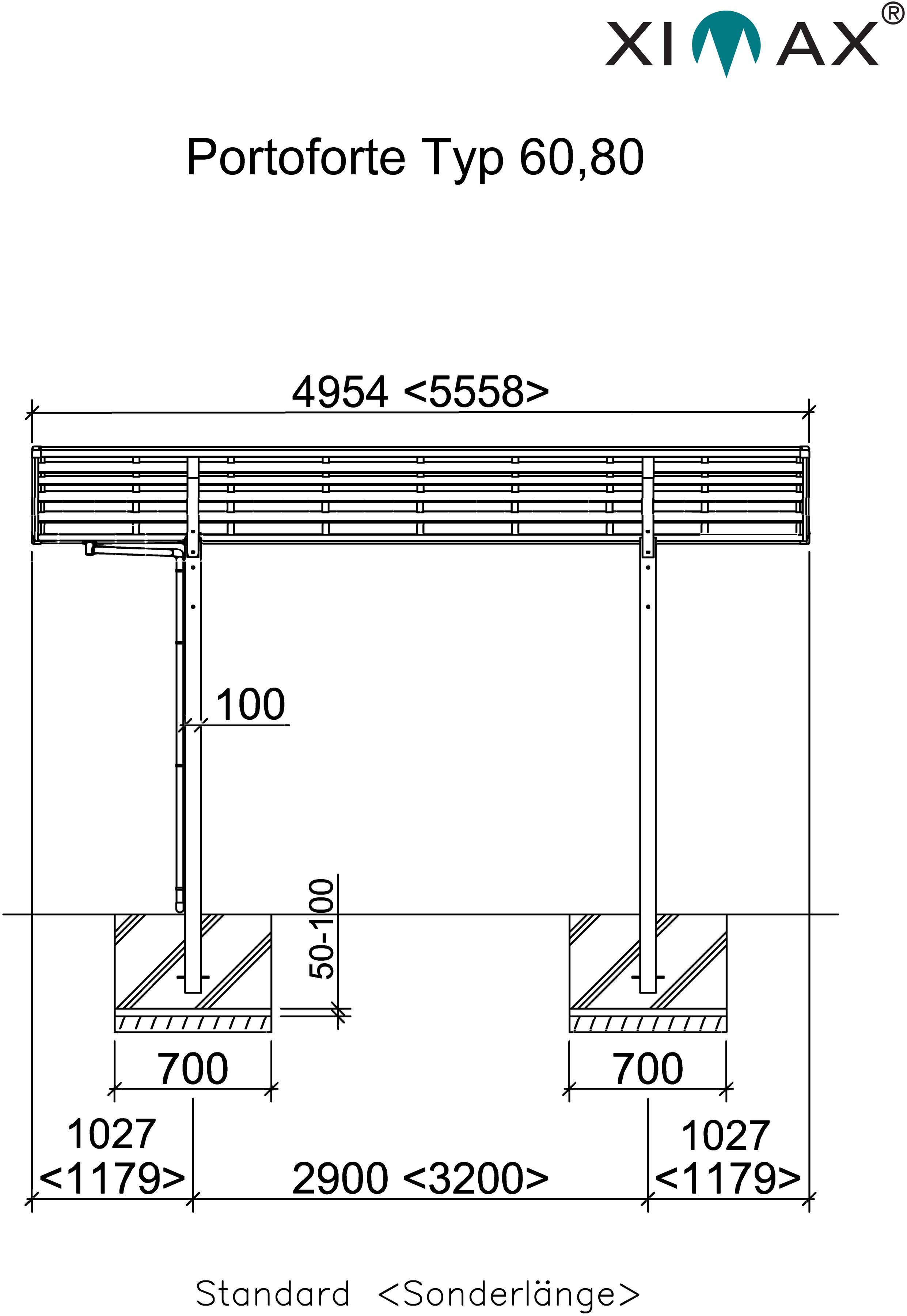 Ximax Einzelcarport Sonderlänge-Edelstahl-Look, Portoforte Aluminium 270x556 Typ 240 80 cm Einfahrtshöhe, cm, BxT