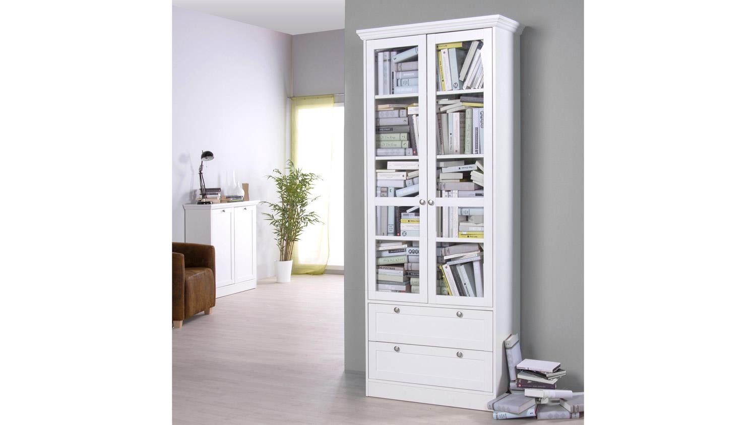 Finori Vitrine Vitrine Landwood weiß mit 2 Schubkästen Landhausstil 80x200 cm