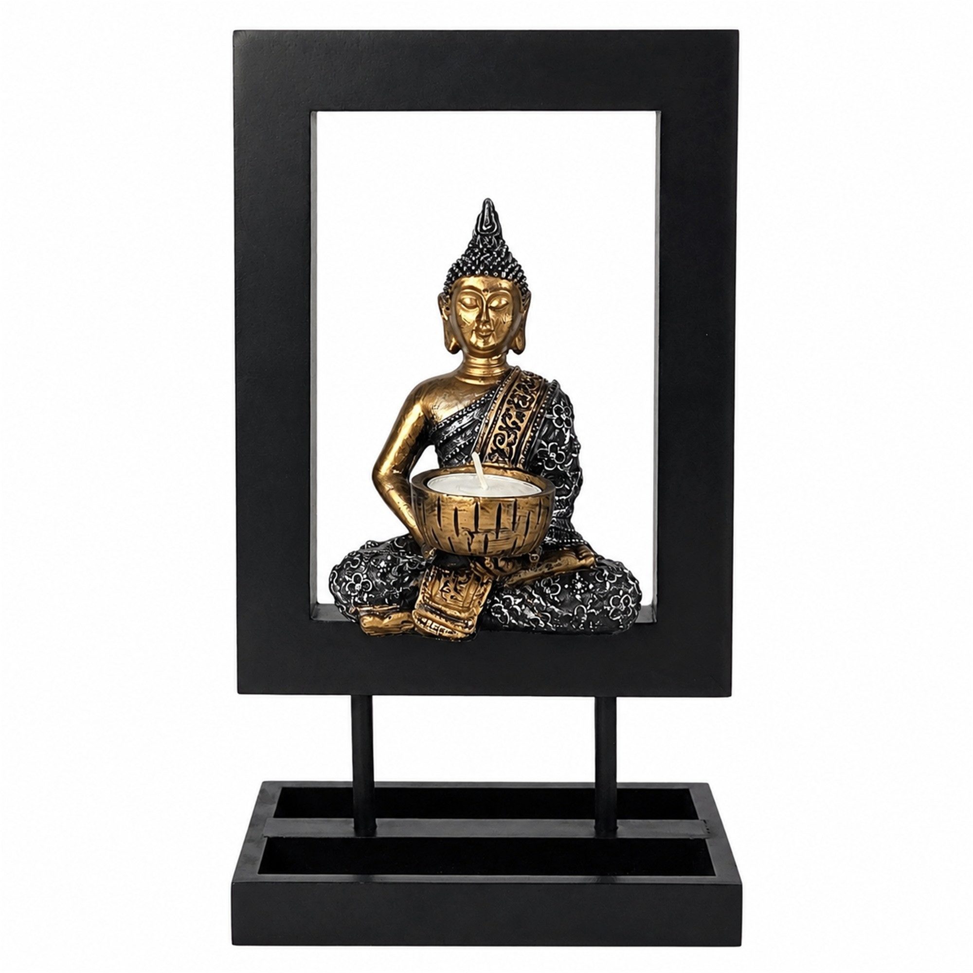 INtrenDU Buddhafigur sitzend im Holzrahmen mit Teelichtschale 28 cm, Sockel mit Ablagefläche für eigene Deko