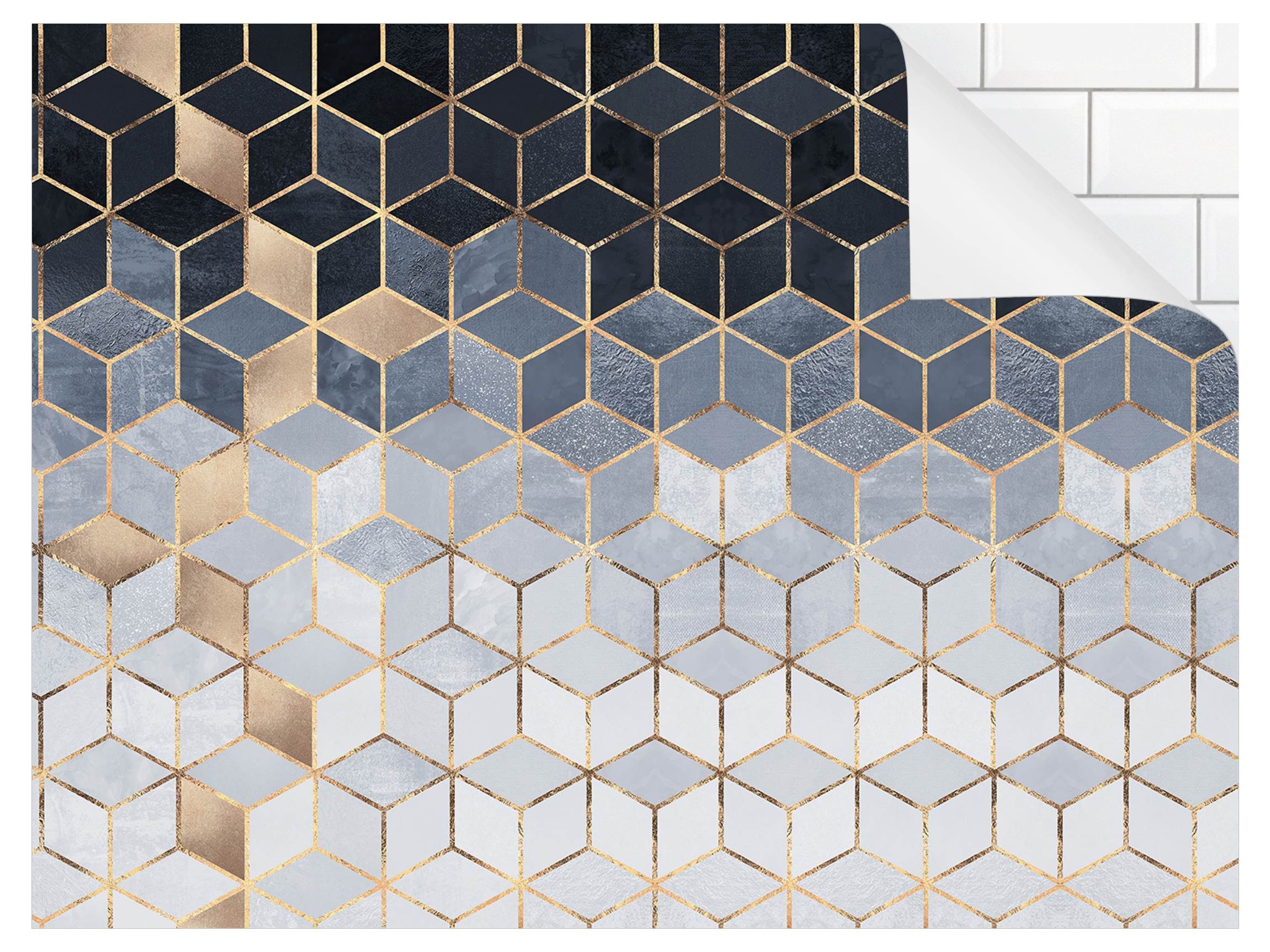 Bilderdepot24 Badrückwand gold fugenlose Wandverkleidung Bad Abstrakt, (Hartfolie matt » Selbstklebend SMART 0,35 mm), wasserfestes Wandpaneel Blau Weiß goldene Geometrie II